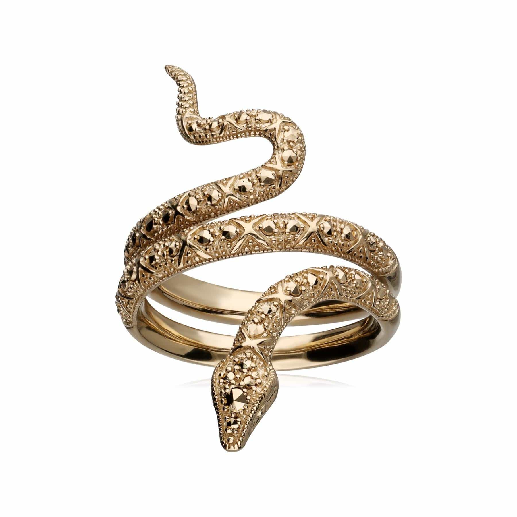 Product photograph of Art Nouveau Marcasite Snake Wrap Ring In 18ct Gold Plated Silver from Gemondo Jewellery