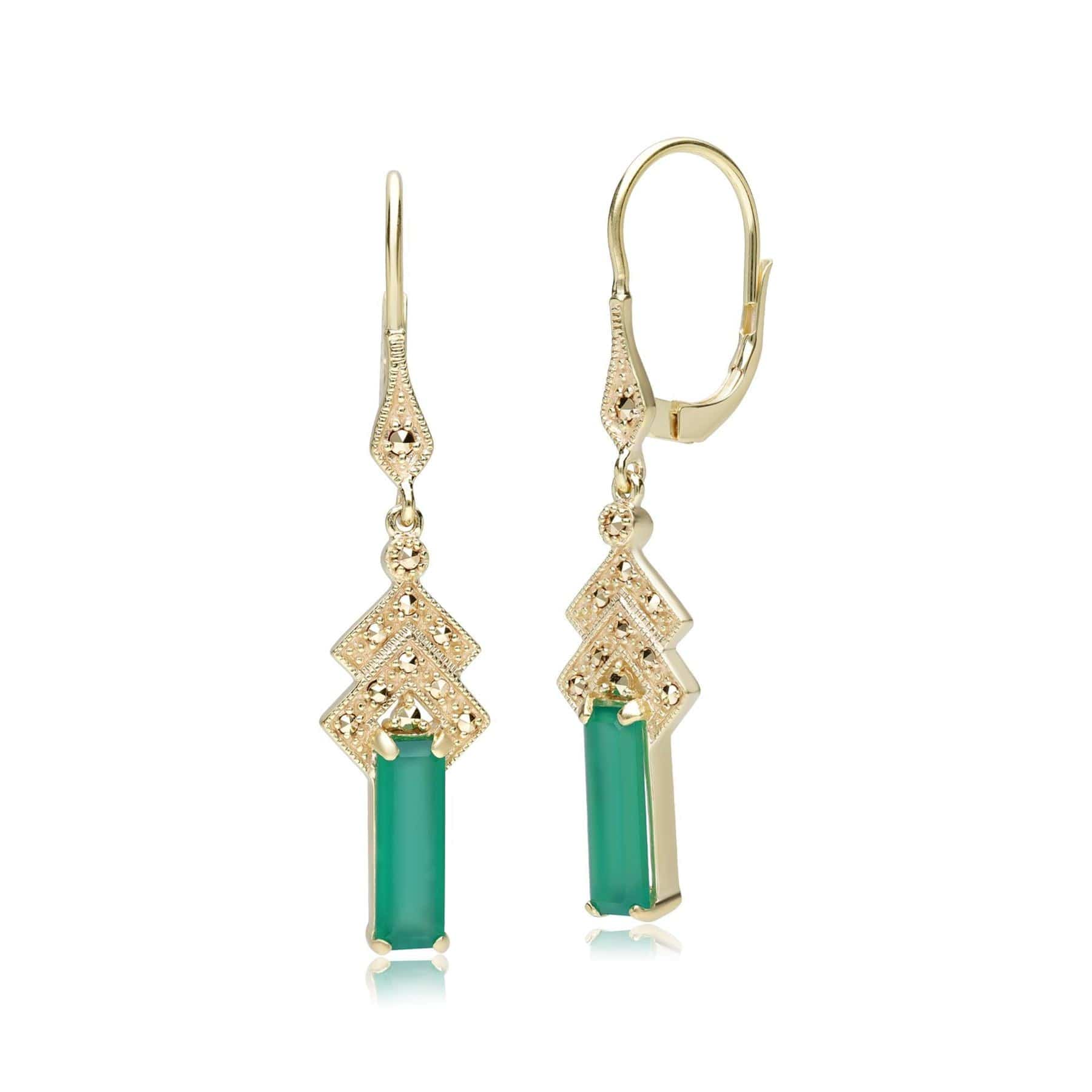 Product photograph of Art Deco Inspired Green Chalcedony Marcasite Drop Earrings In 18ct Gold Plated Silver from Gemondo Jewellery