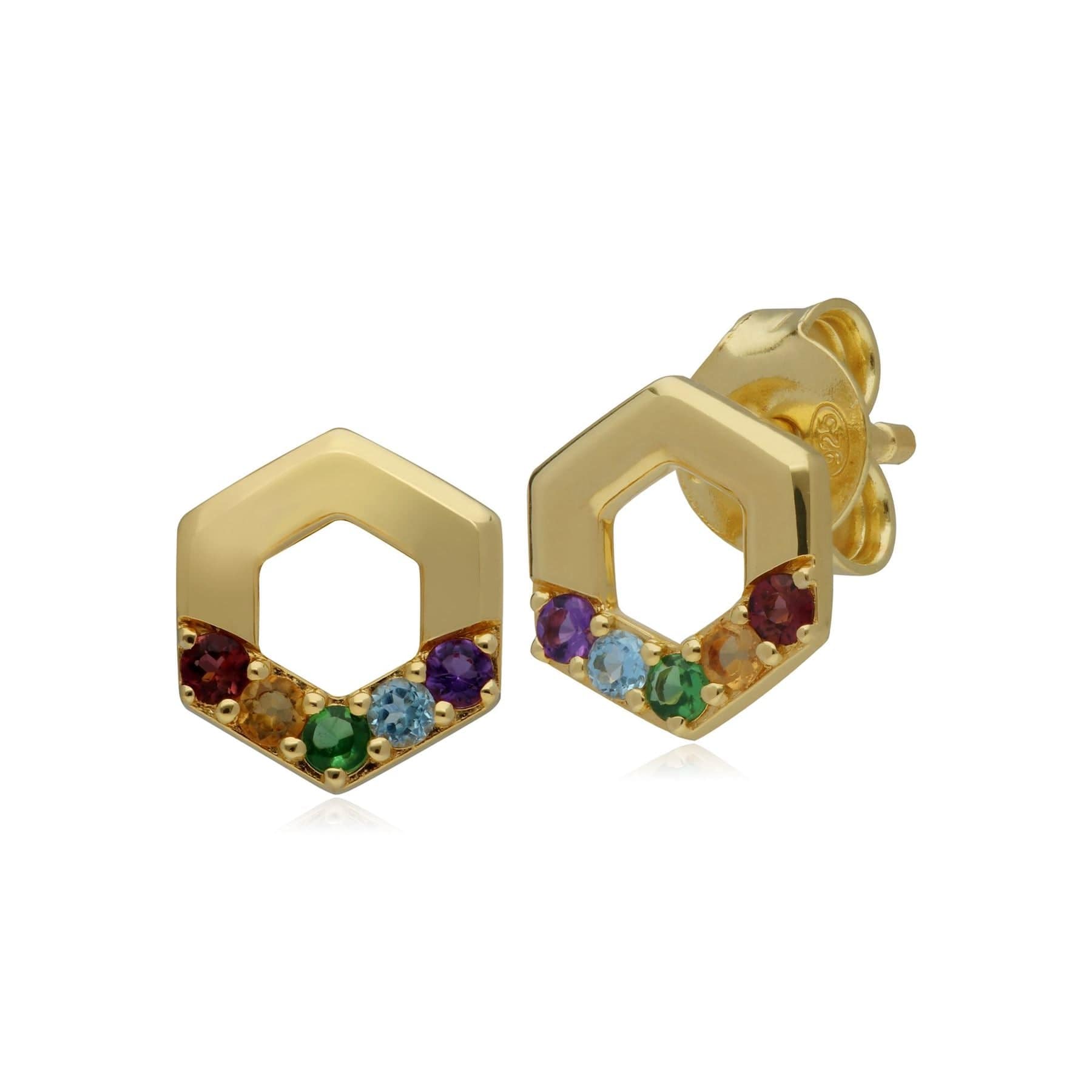 Product photograph of Rainbow Hexagon Stud Earrings In Gold Plated Sterling Silver from Gemondo Jewellery