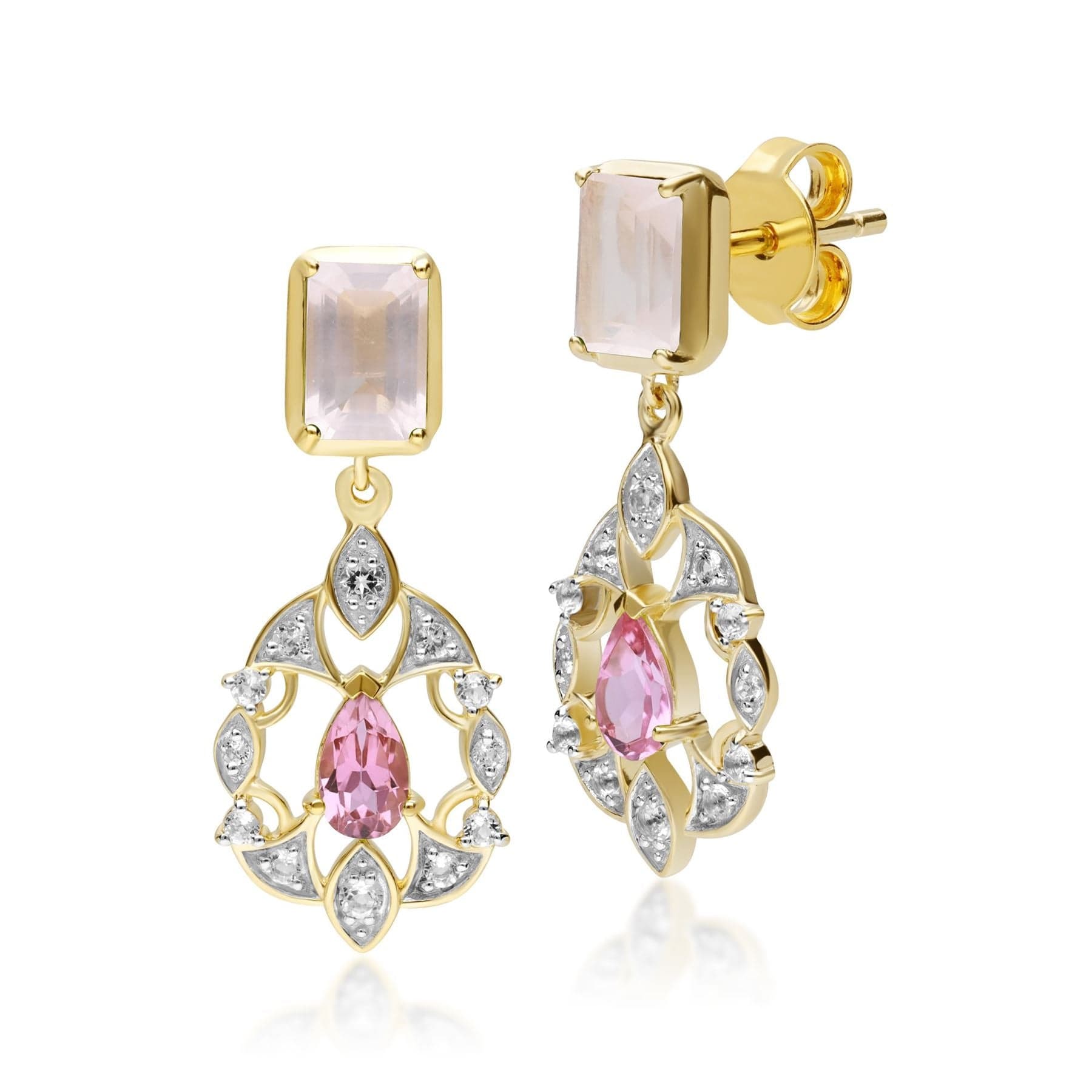 Product photograph of Ecfew Creator Rose Quartz Tourmaline White Topaz Earrings In Gold Plated Sterling Silver from Gemondo Jewellery