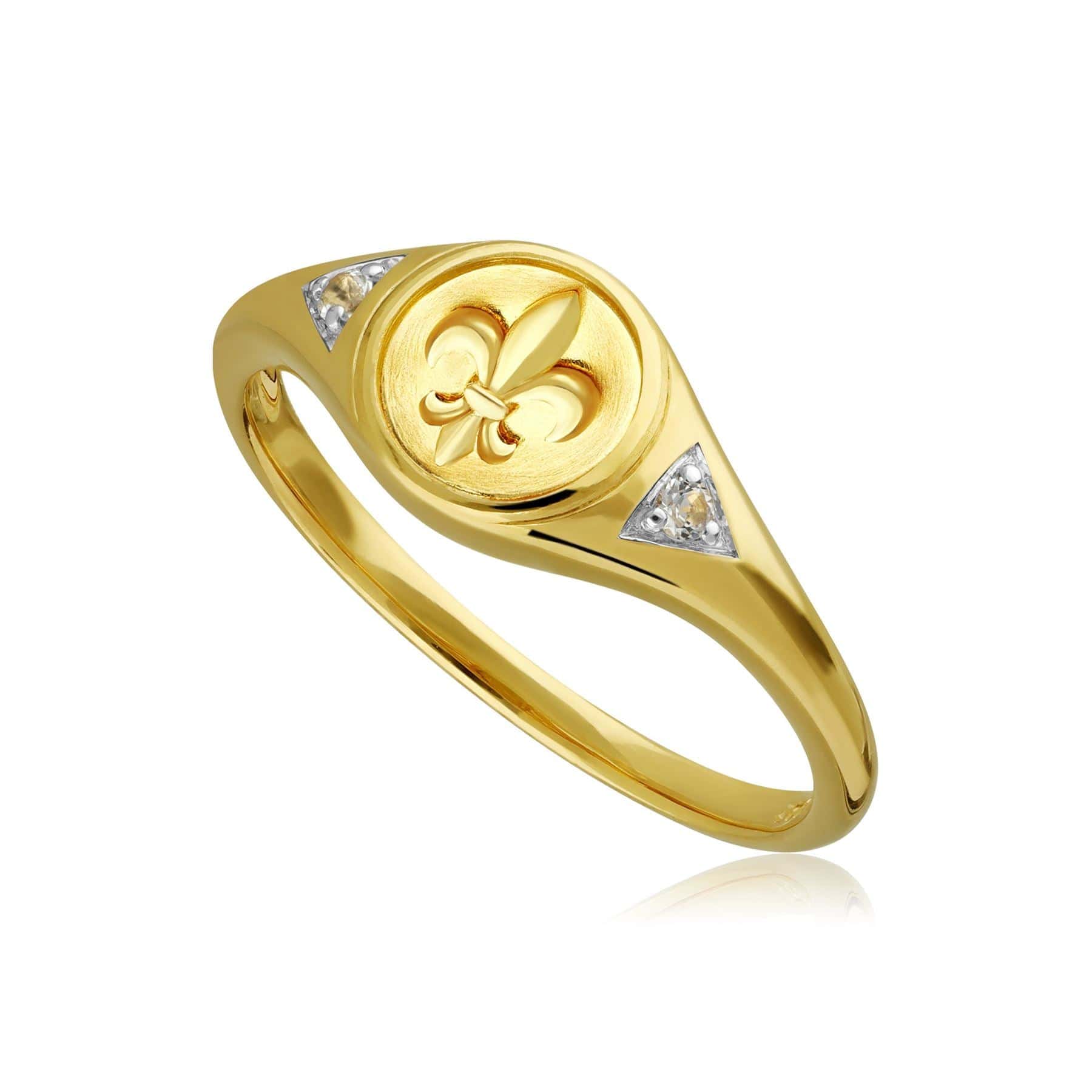 Product photograph of Ecfew White Topaz Fleur De Lis Signet Ring In 9ct Yellow Gold from Gemondo Jewellery