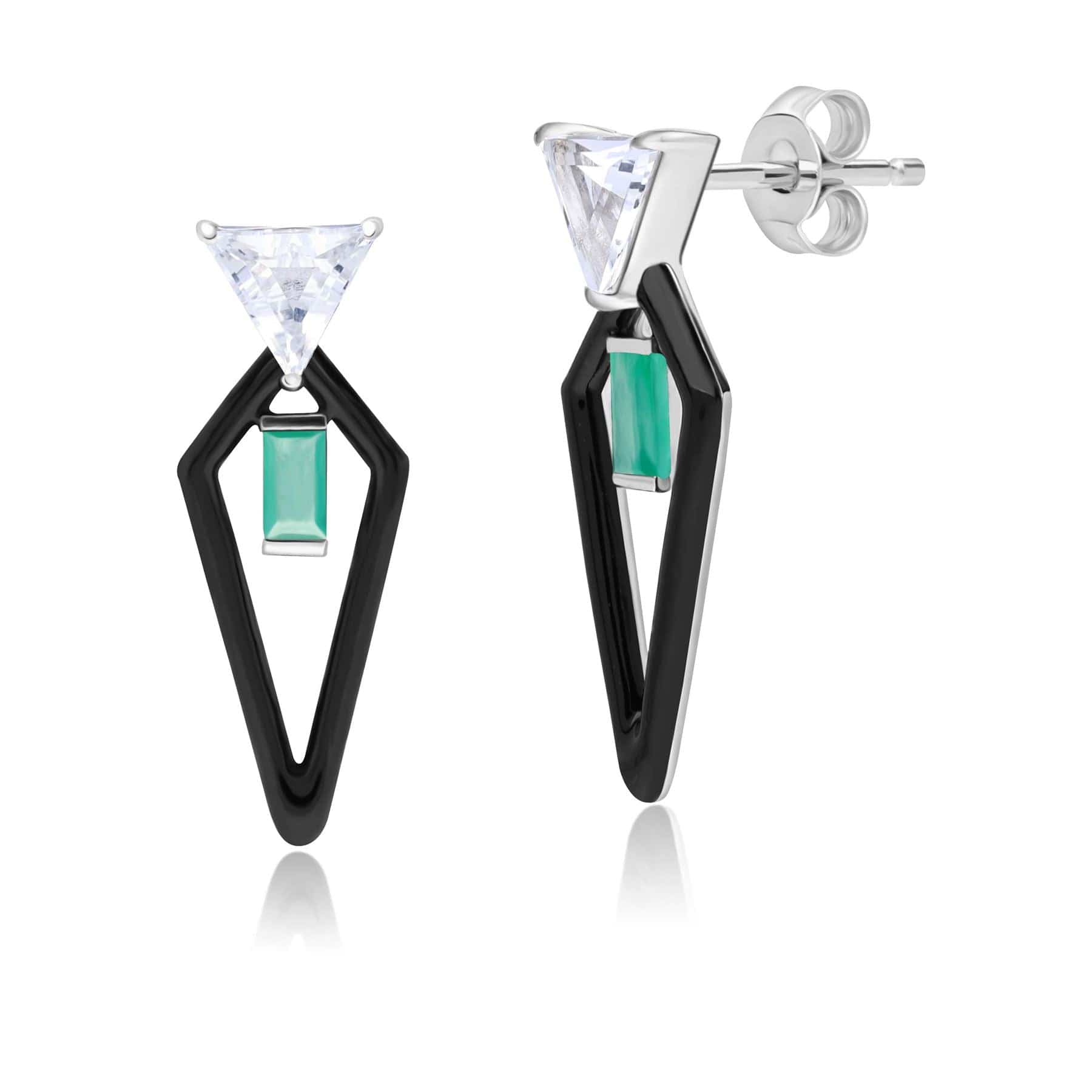 Image of Grand Deco Enamel, Topaz & Emerald Drop Earrings in 9ct White Gold