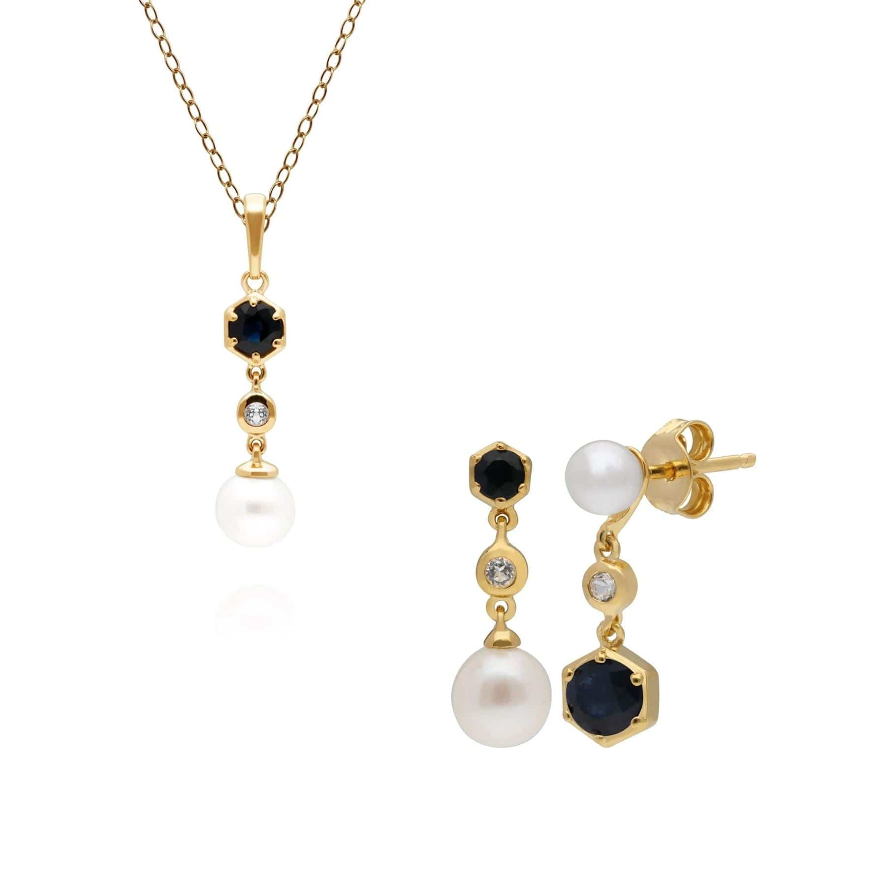 Product photograph of Gold Plated Sterling Silver Modern Pearl Sapphire Topaz Earrings Pendant Set from Gemondo Jewellery