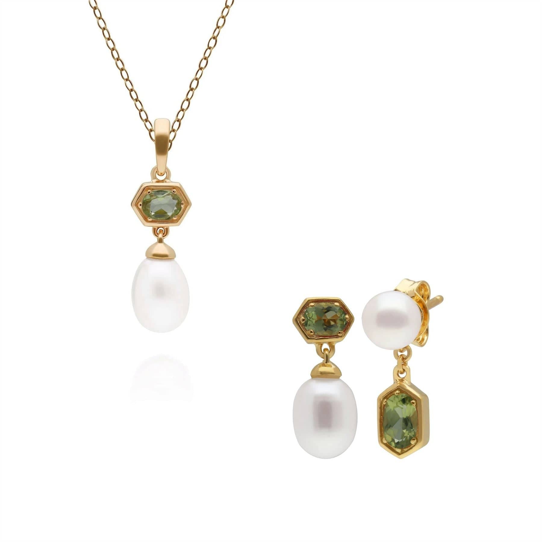 Product photograph of Modern Pearl Peridot Pendant Earring Set In Gold Plated Silver from Gemondo Jewellery
