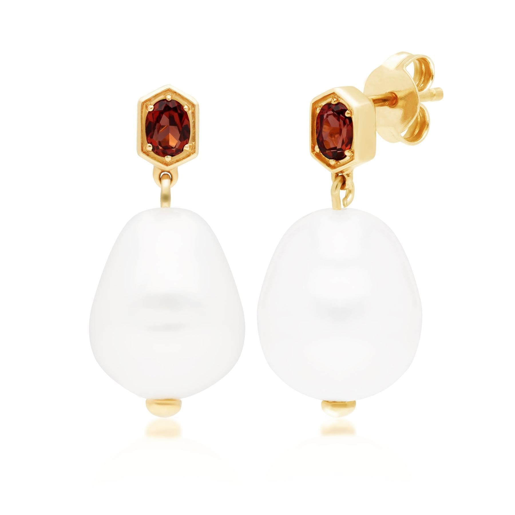 Product photograph of Modern Baroque Pearl Garnet Drop Earrings In Gold Plated Silver from Gemondo Jewellery