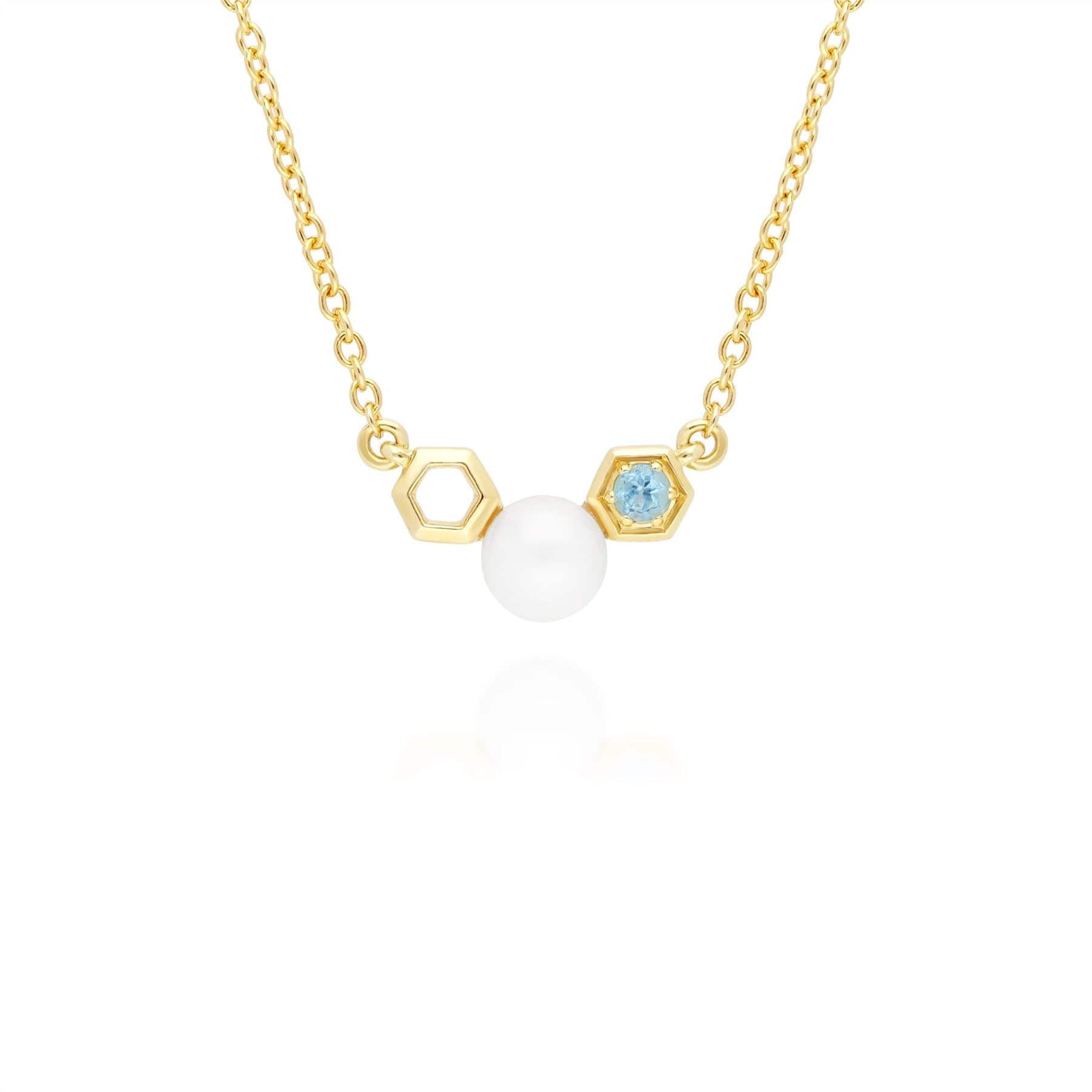Image of Modern Pearl & Blue Topaz Necklace in 9ct Yellow Gold