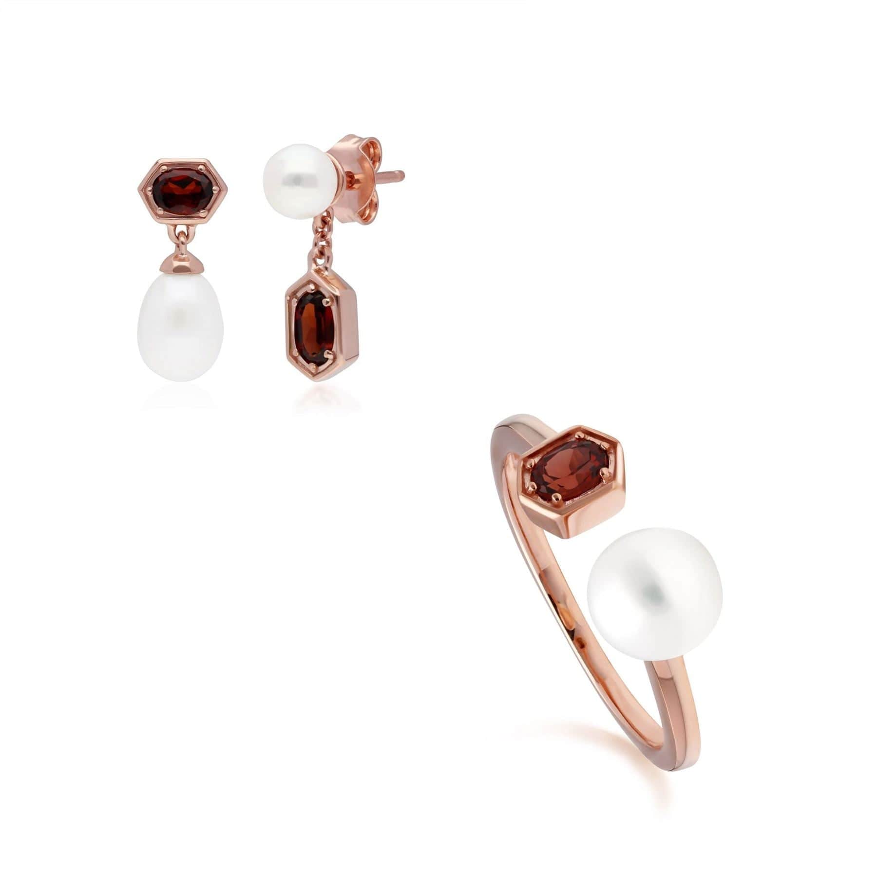 Product photograph of Modern Pearl Garnet Earring Ring Set In Rose Gold Plated Silver from Gemondo Jewellery