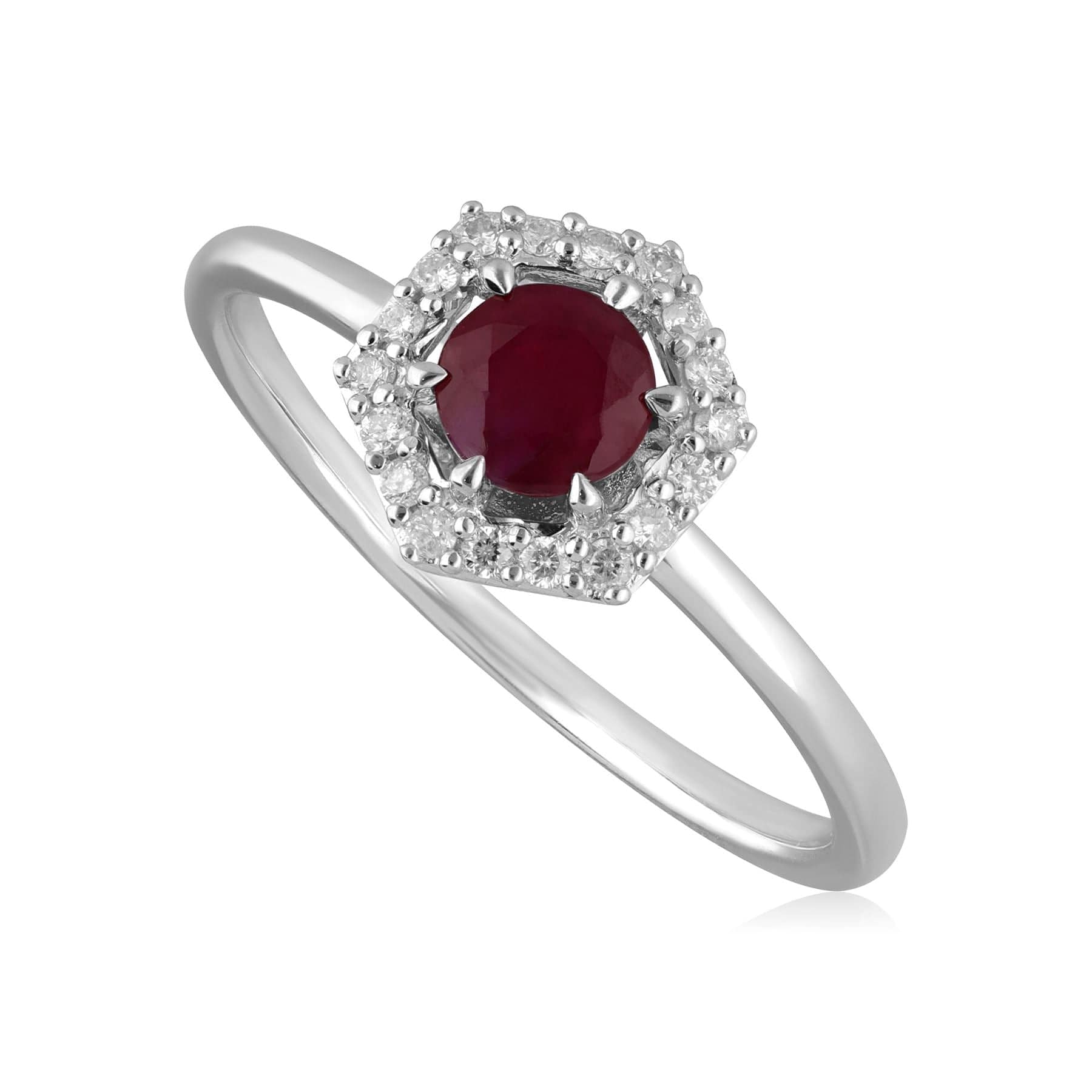 Product photograph of 9ct White Gold 0 48ct Ruby Diamond Halo Engagement Ring from Gemondo Jewellery