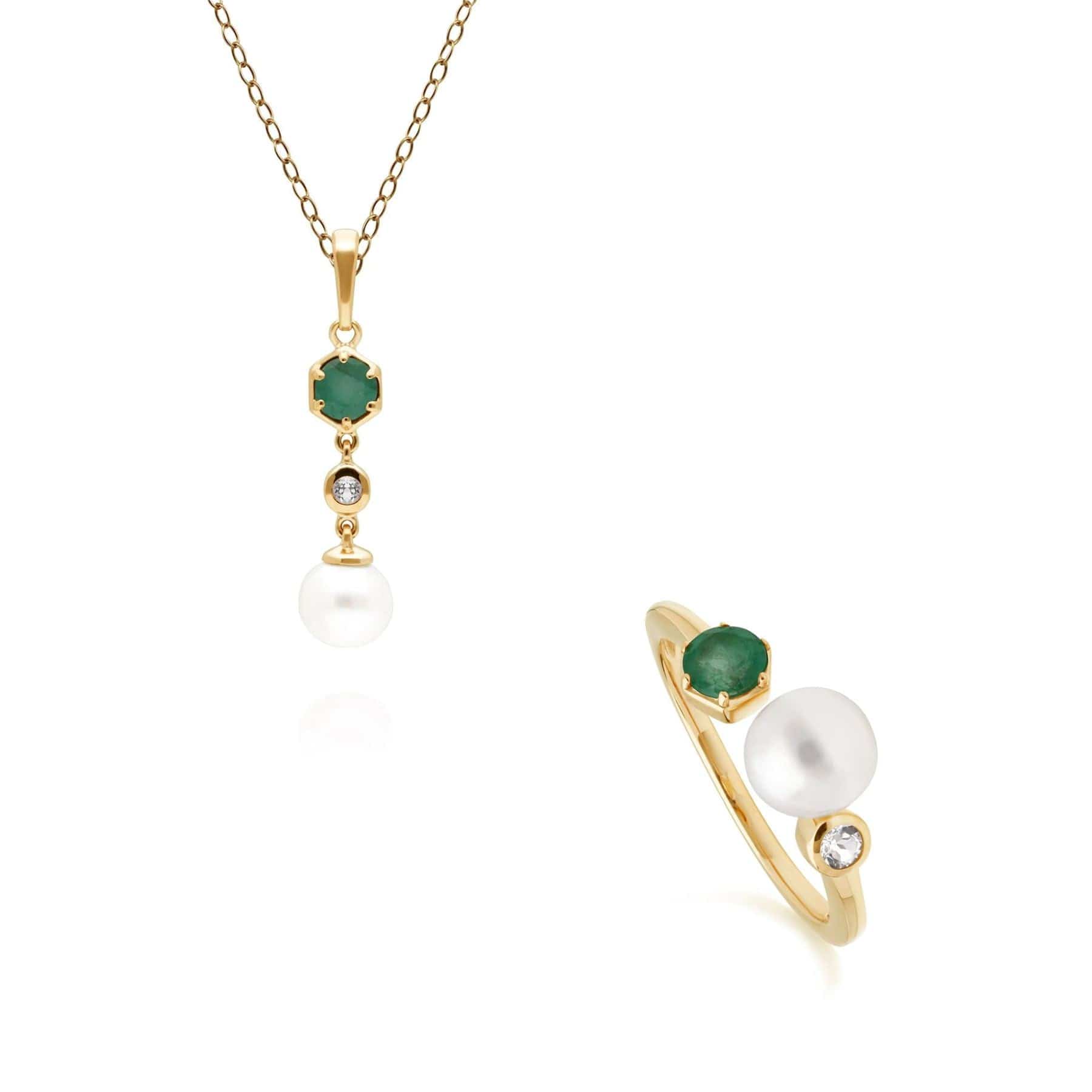 Product photograph of Modern Pearl Topaz Emerald Pendant Ring Set In Gold Plated Silver from Gemondo Jewellery