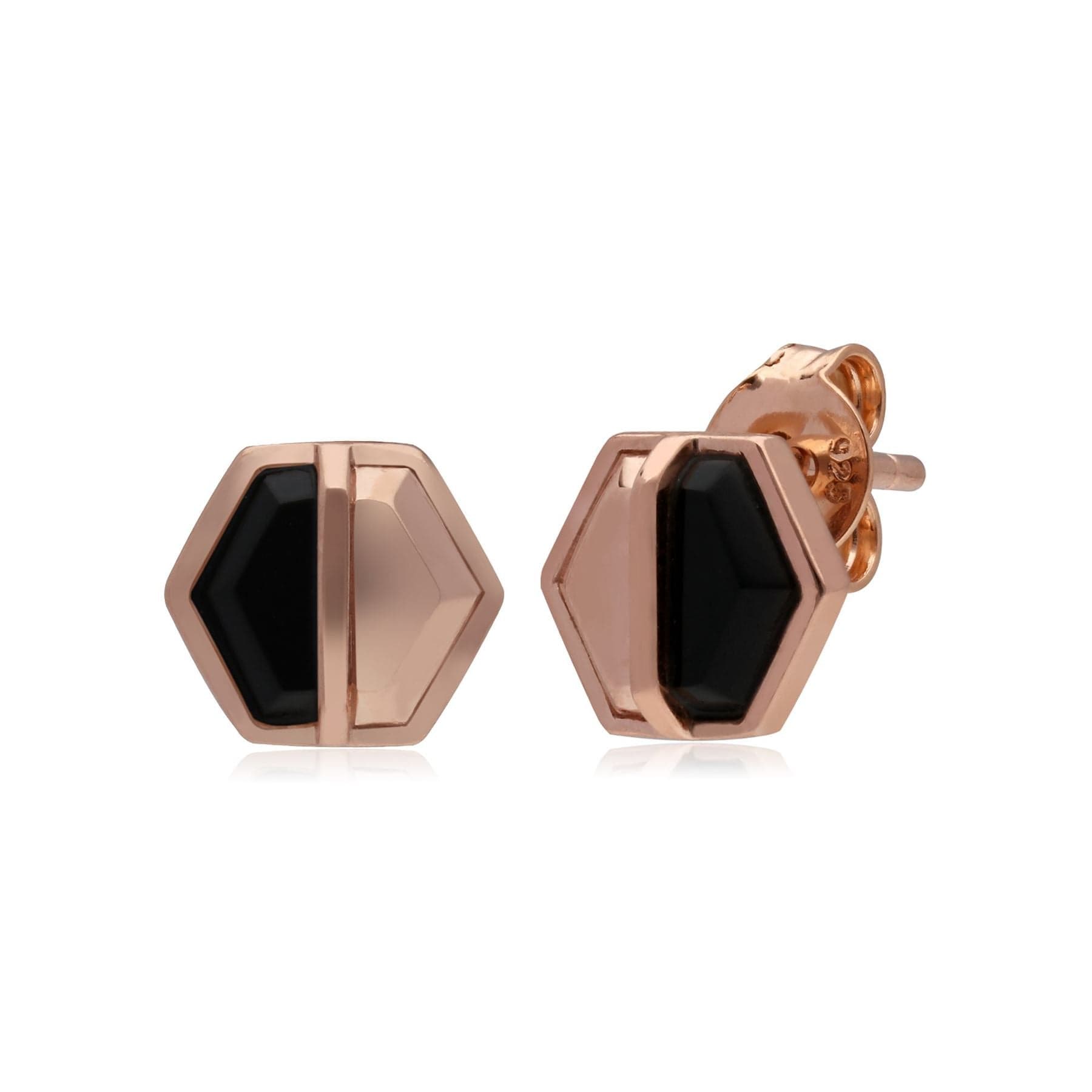 Image of Micro Statement Black Onyx Hexagon Stud Earrings in Rose Gold Plated Silver