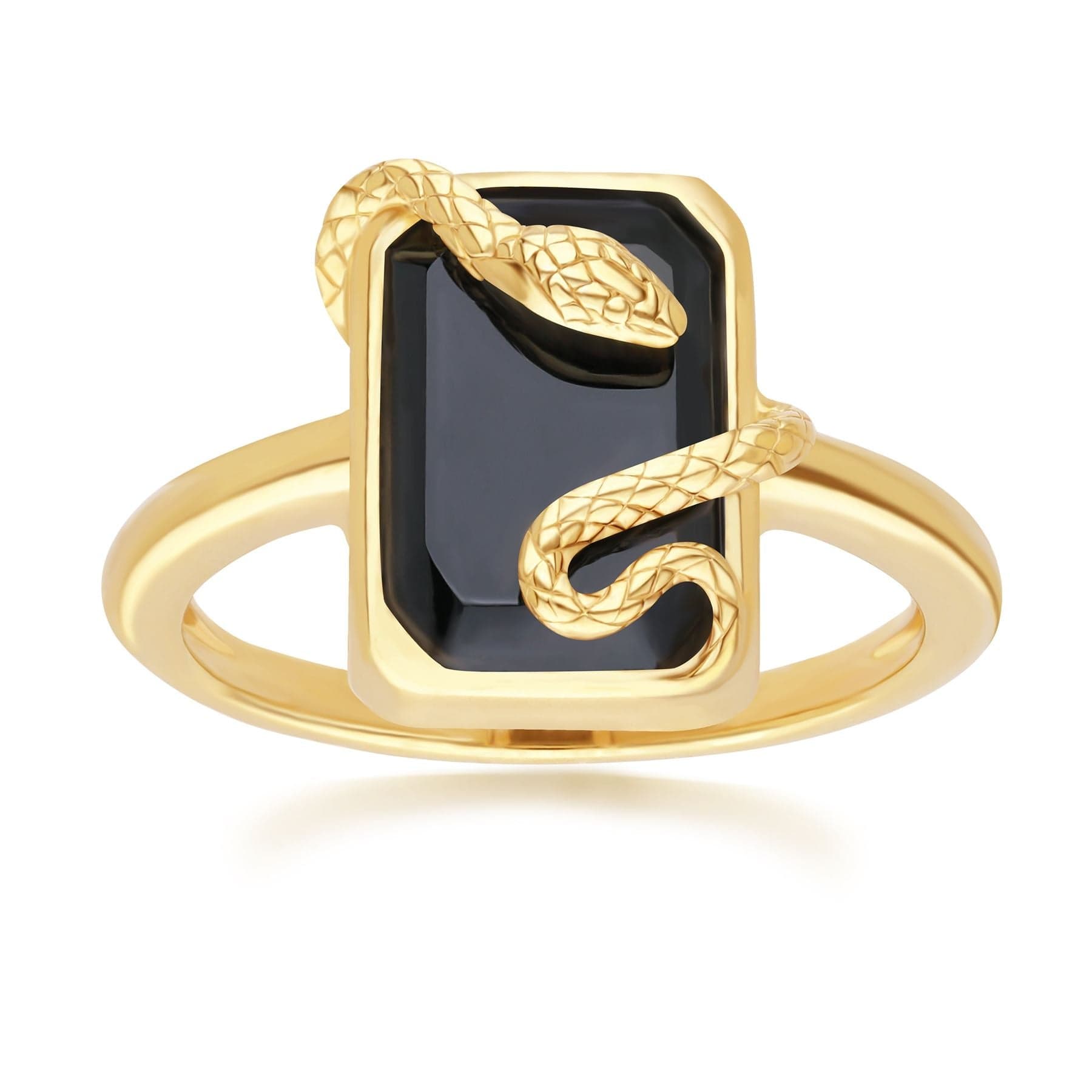 Product photograph of Grand Deco Black Onyx Snake Wrap Ring In Gold Plated Sterling Silver from Gemondo Jewellery