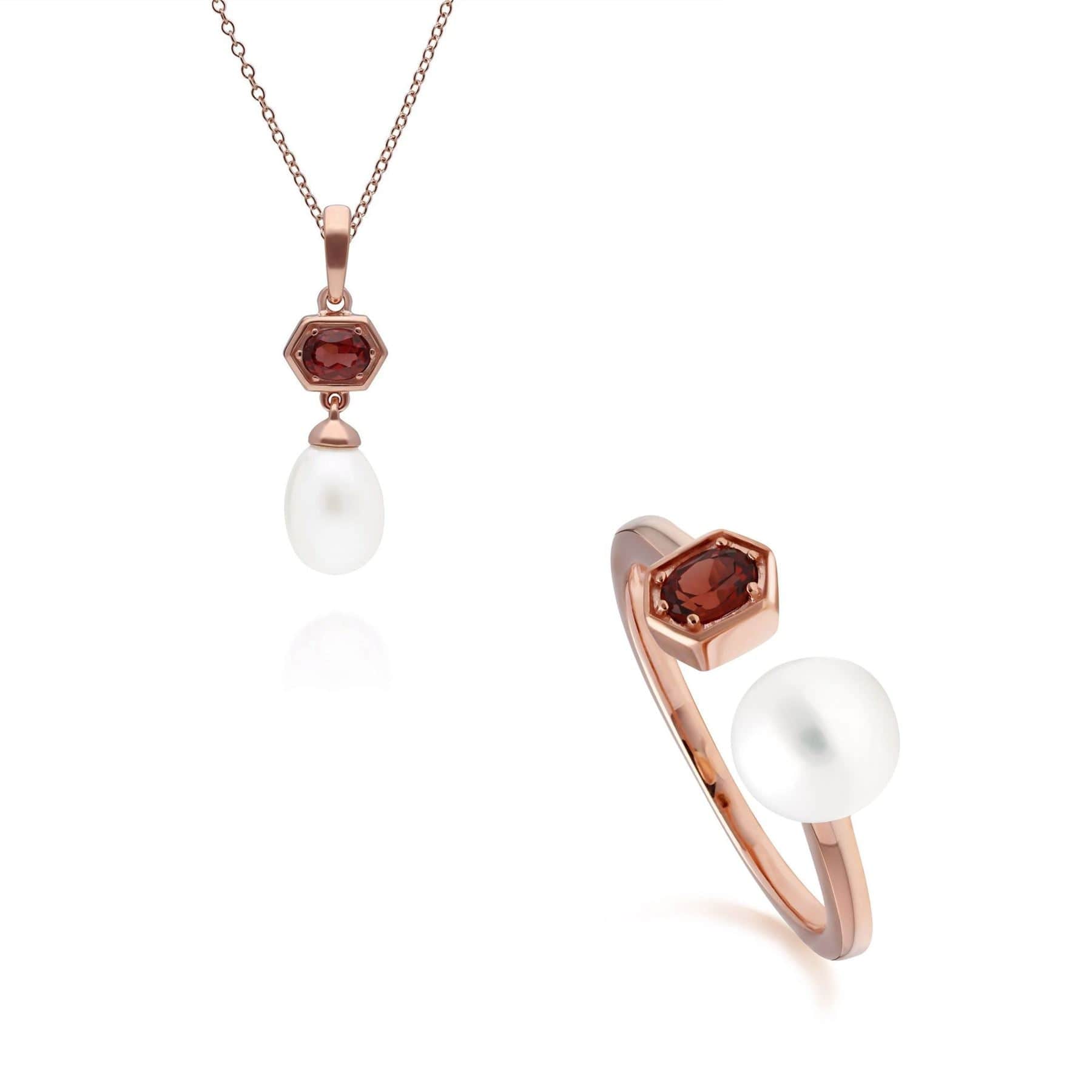Product photograph of Modern Pearl Garnet Pendant Ring Set In Rose Gold Plated Silver from Gemondo Jewellery