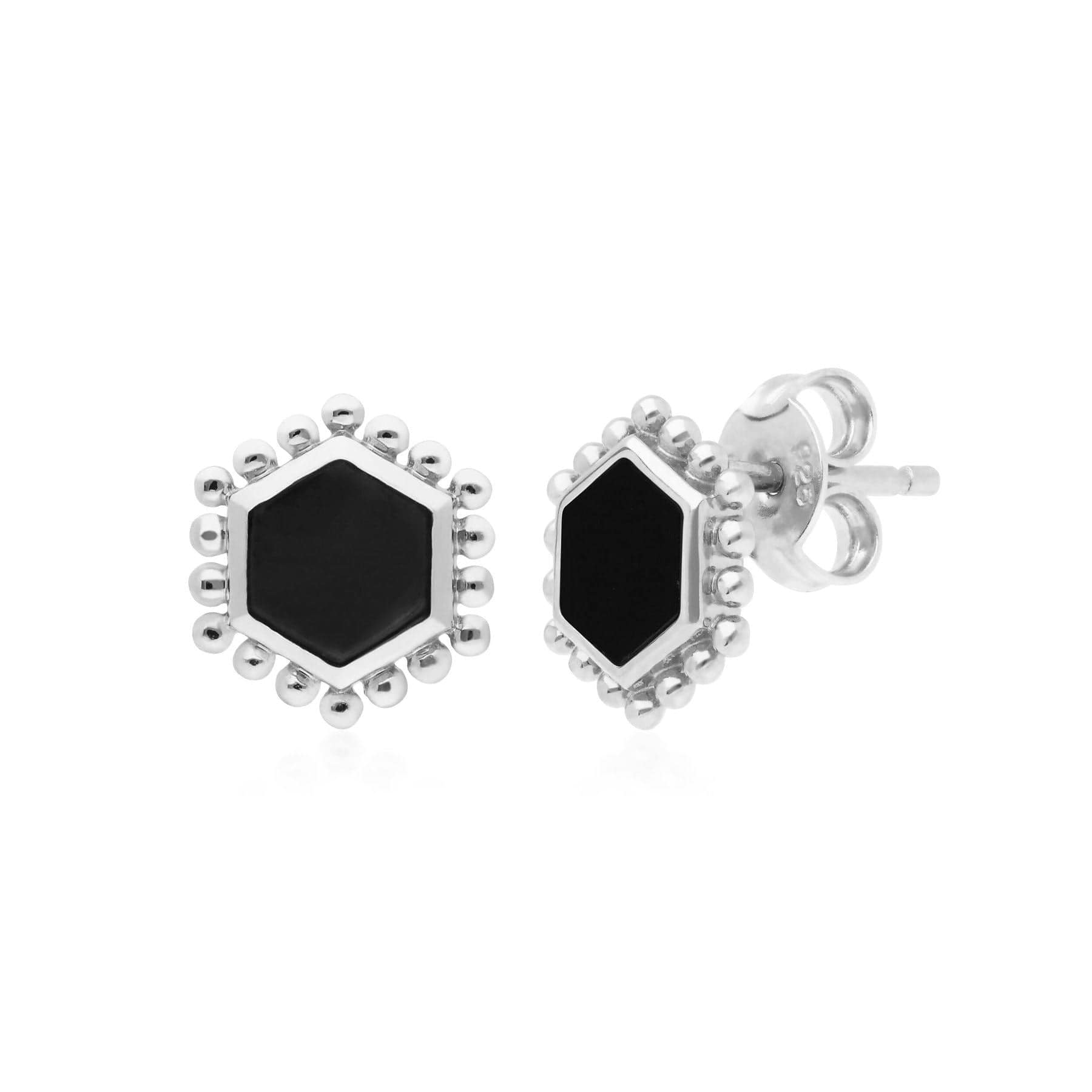 Product photograph of Black Onyx Flat Slice Hex Stud Earrings In Sterling Silver from Gemondo Jewellery