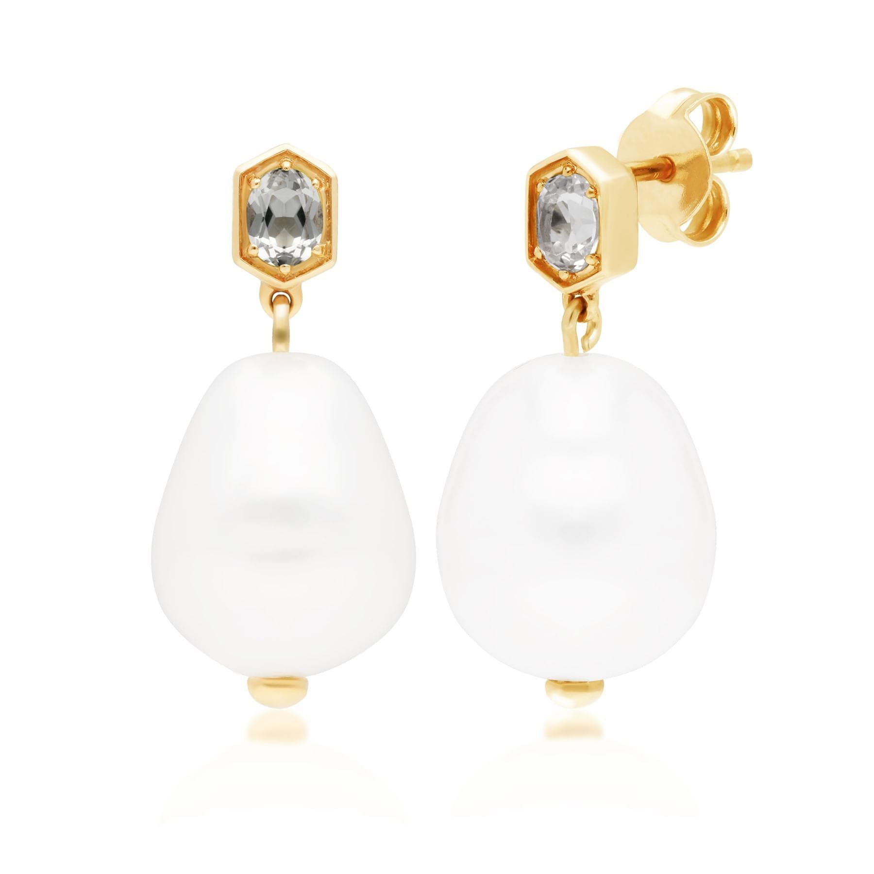 Photos - Earrings Modern Baroque Pearl & White Topaz Drop  in Gold Plated Silver