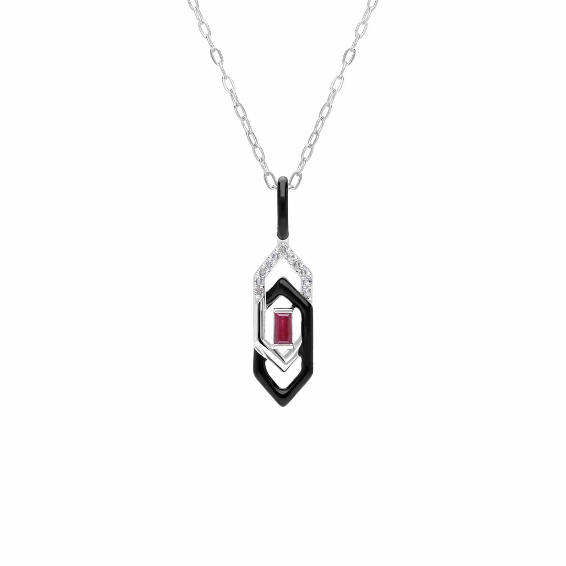 Image of Grand Deco Black Enamel, White Topaz & Ruby Pendant in 9ct White Gold