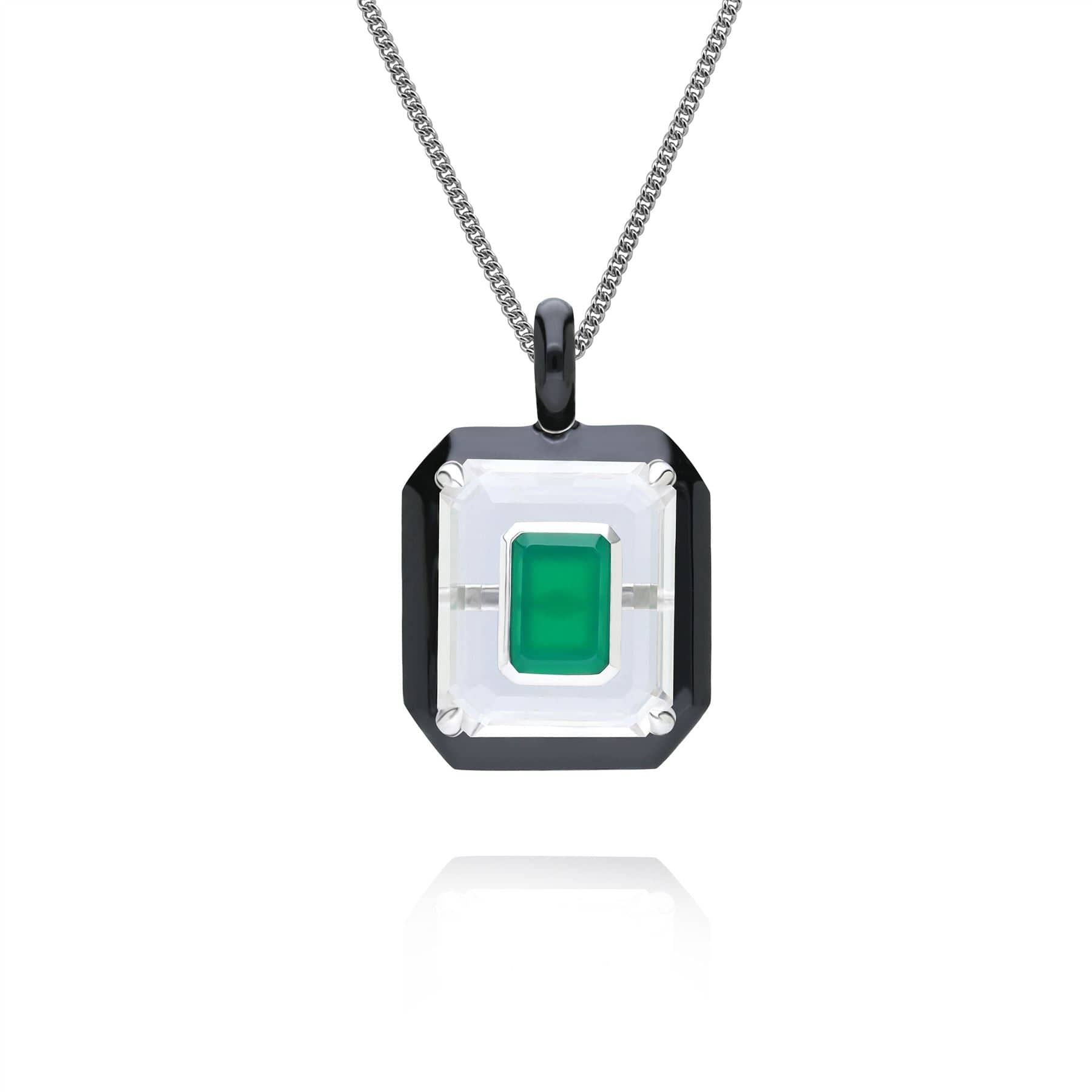 Product photograph of Grand Deco Rock Crystal Chalcedony Black Enamel Pendant In Sterling Silver from Gemondo Jewellery