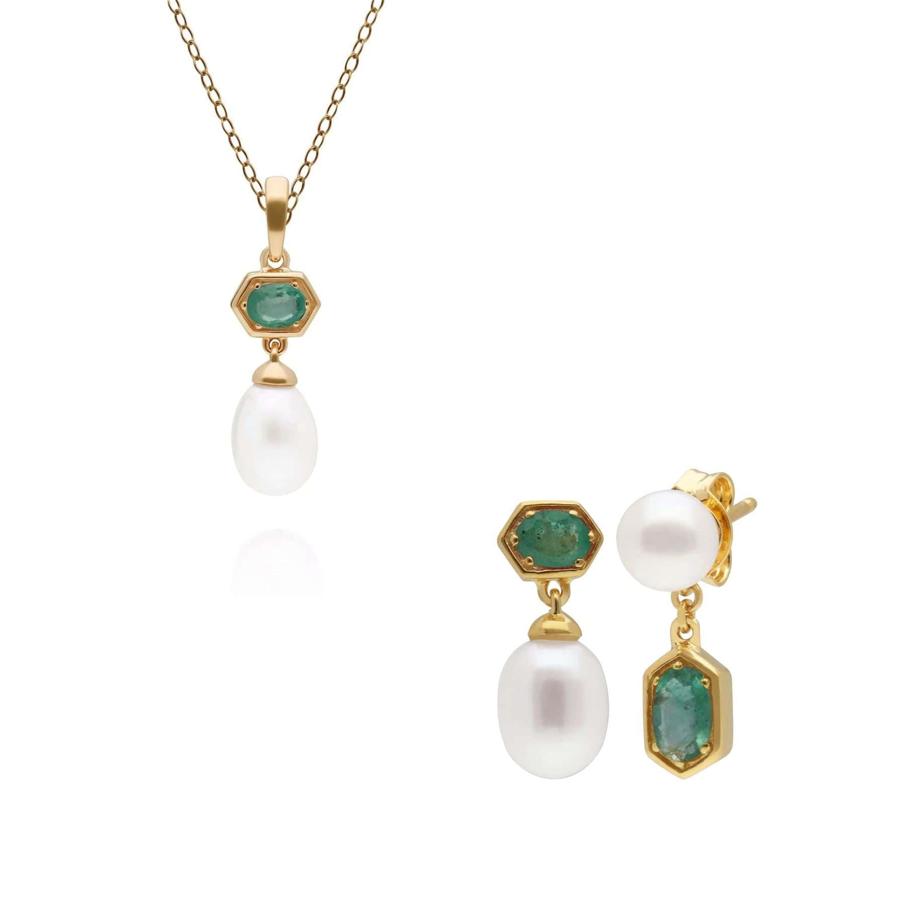 Product photograph of Modern Pearl Emerald Pendant Earring Set In Gold Plated Silver from Gemondo Jewellery