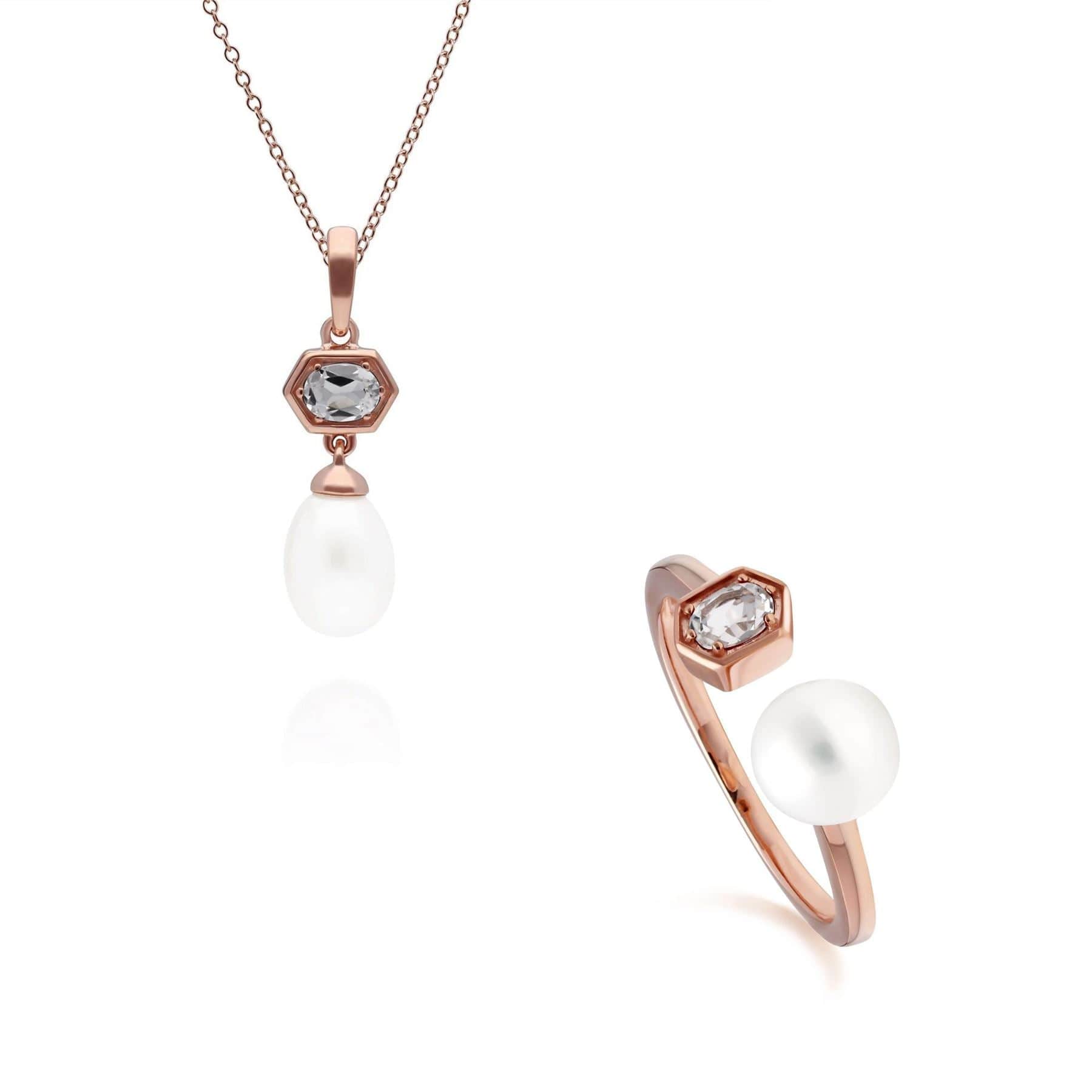 Product photograph of Modern Pearl Topaz Pendant Ring Set In Rose Gold Plated Silver from Gemondo Jewellery