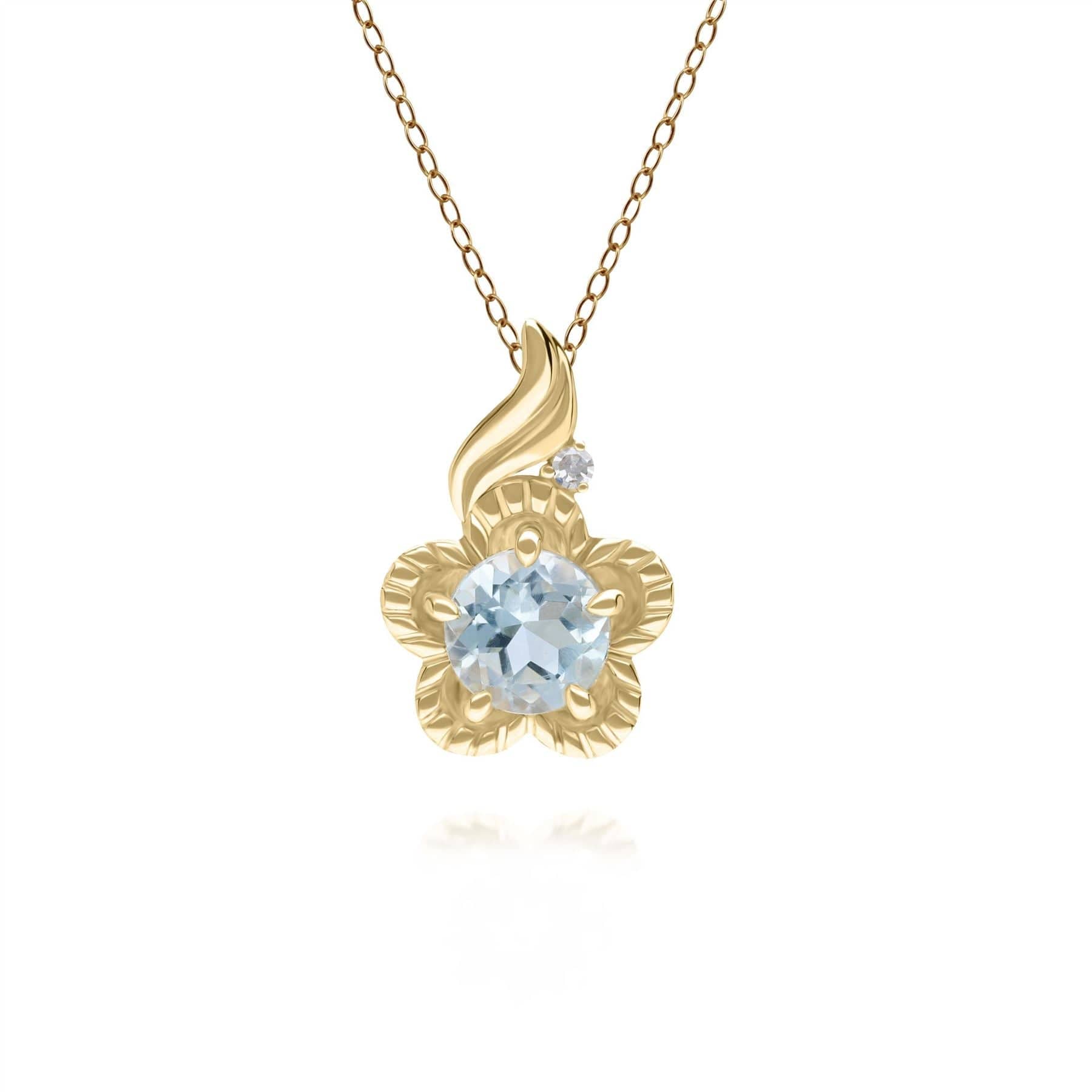 Product photograph of Floral Round Blue Topaz Diamond Pendant In 9ct Yellow Gold from Gemondo Jewellery