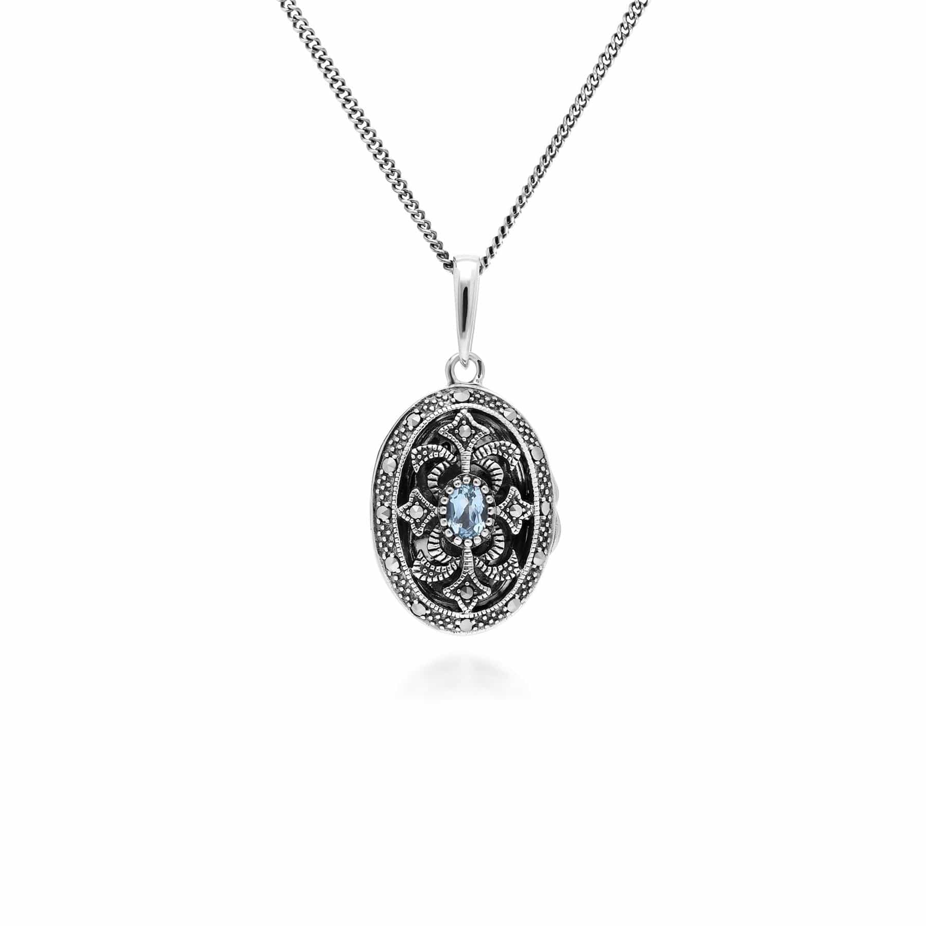 Image of Art Nouveau Style Oval Aquamarine & Marcasite Locket Necklace in 925 Sterling Silver