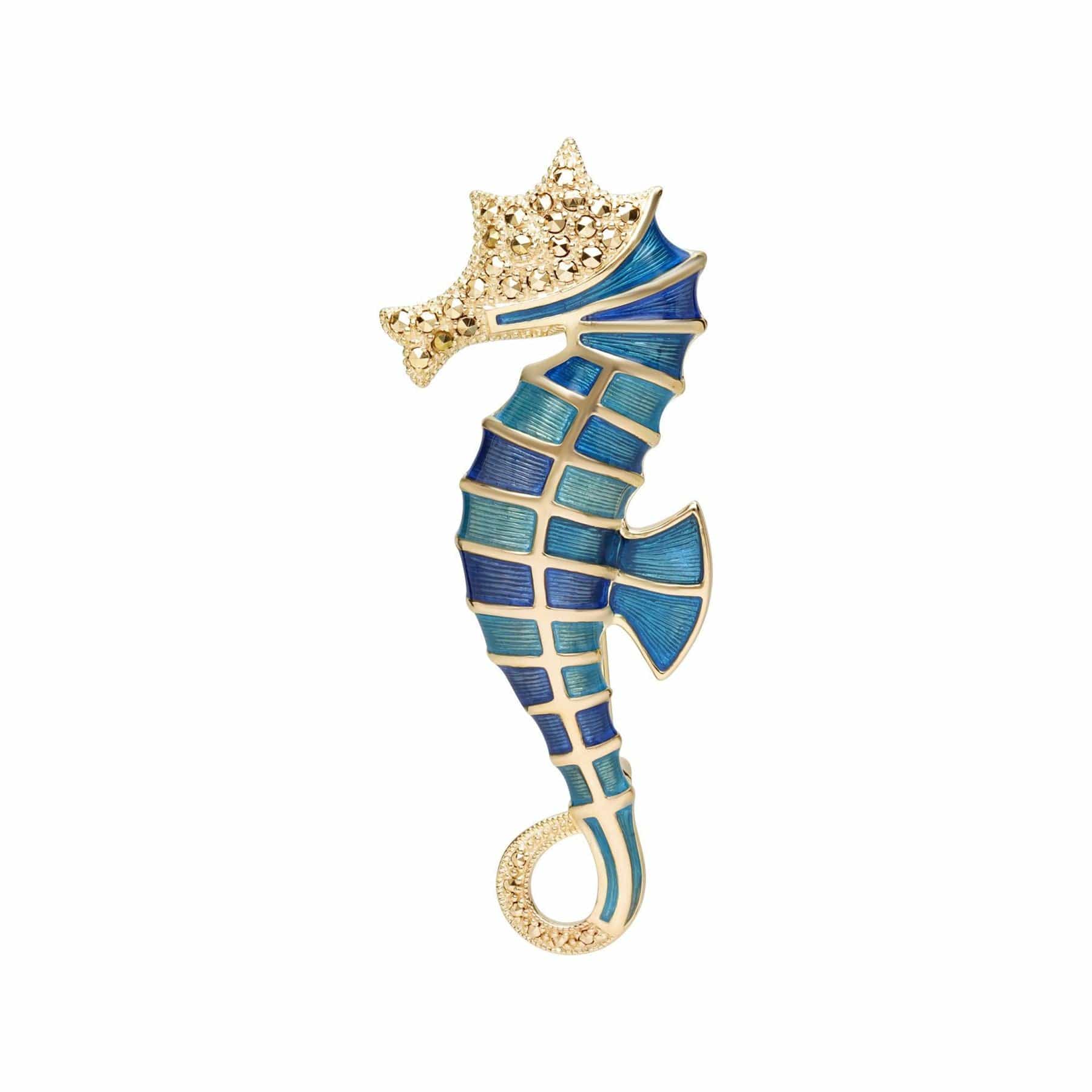 Image of Marcasite & Enamel Seahorse Brooch in 18ct Gold Plated Silver