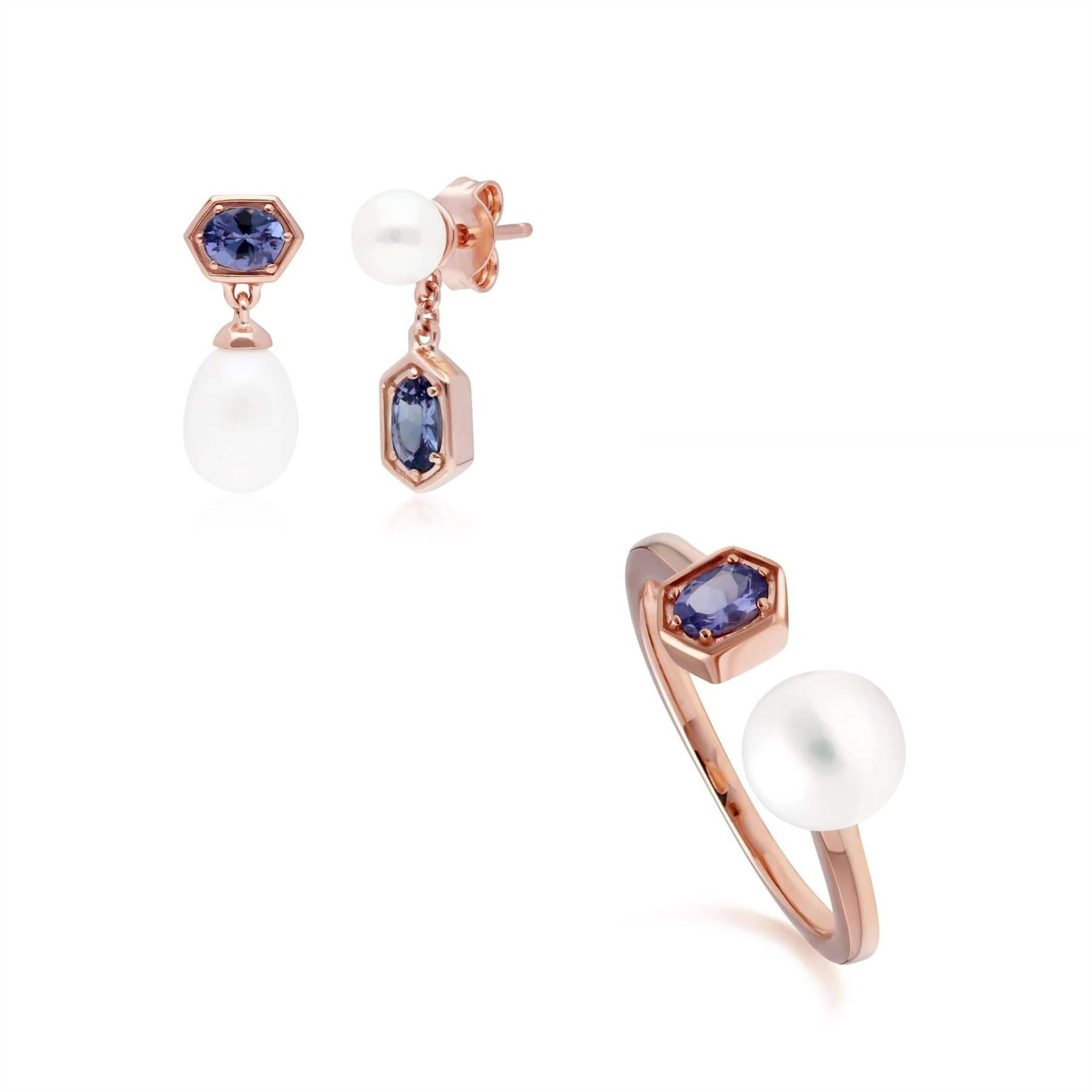 Product photograph of Modern Pearl Tanzanite Earring Ring Set In Rose Gold Plated Silver from Gemondo Jewellery