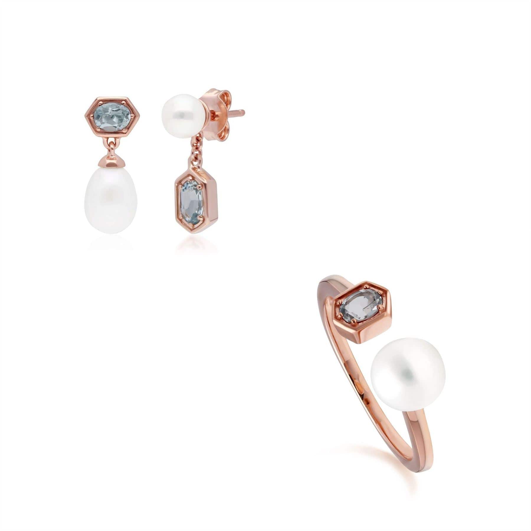 Image of Modern Pearl & Aquamarine Earring & Ring Set in Rose Gold Plated Silver