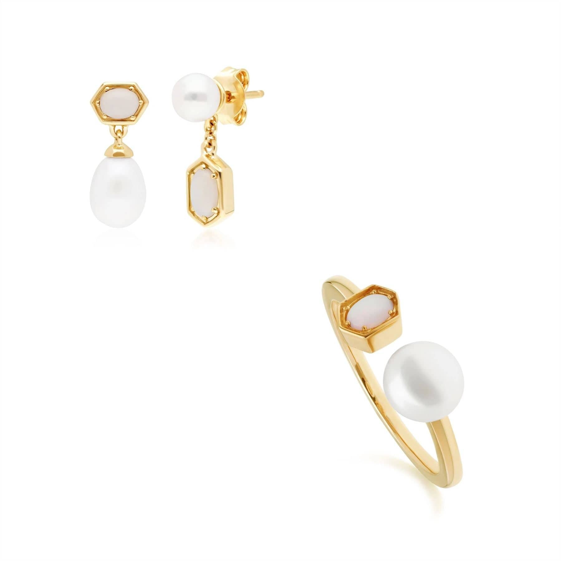 Product photograph of Modern Pearl Opal Earring Ring Set In Gold Plated Silver from Gemondo Jewellery
