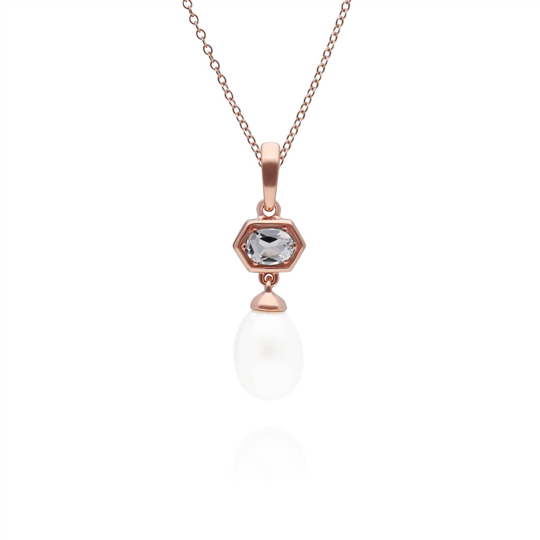 Photos - Pendant / Choker Necklace Modern Pearl & White Topaz Hexagon Drop Pendant in Rose Gold Plated Silver