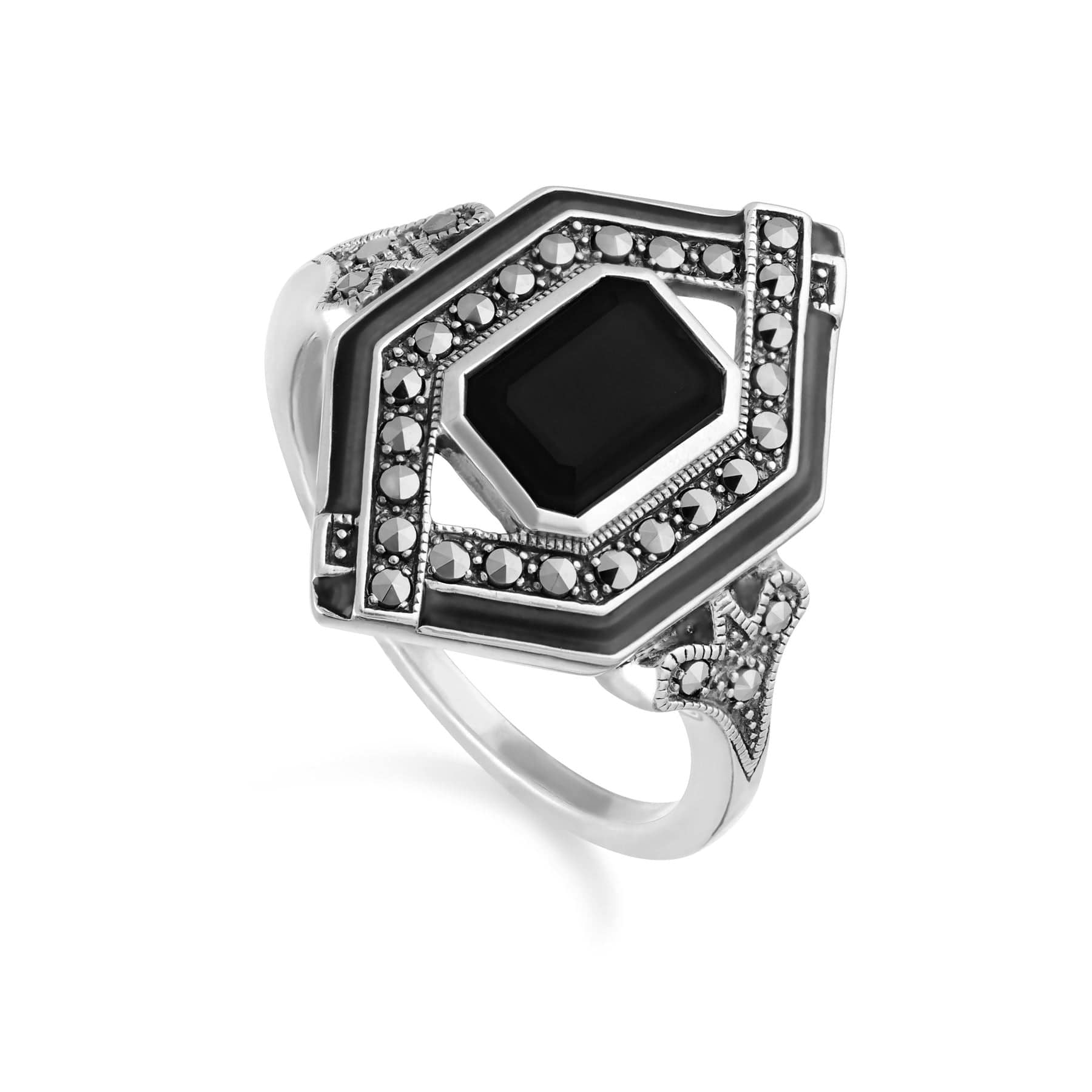 Product photograph of Art Deco Inspired Spinel Enamel Marcasite Rhombus Ring In Sterling Silver from Gemondo Jewellery