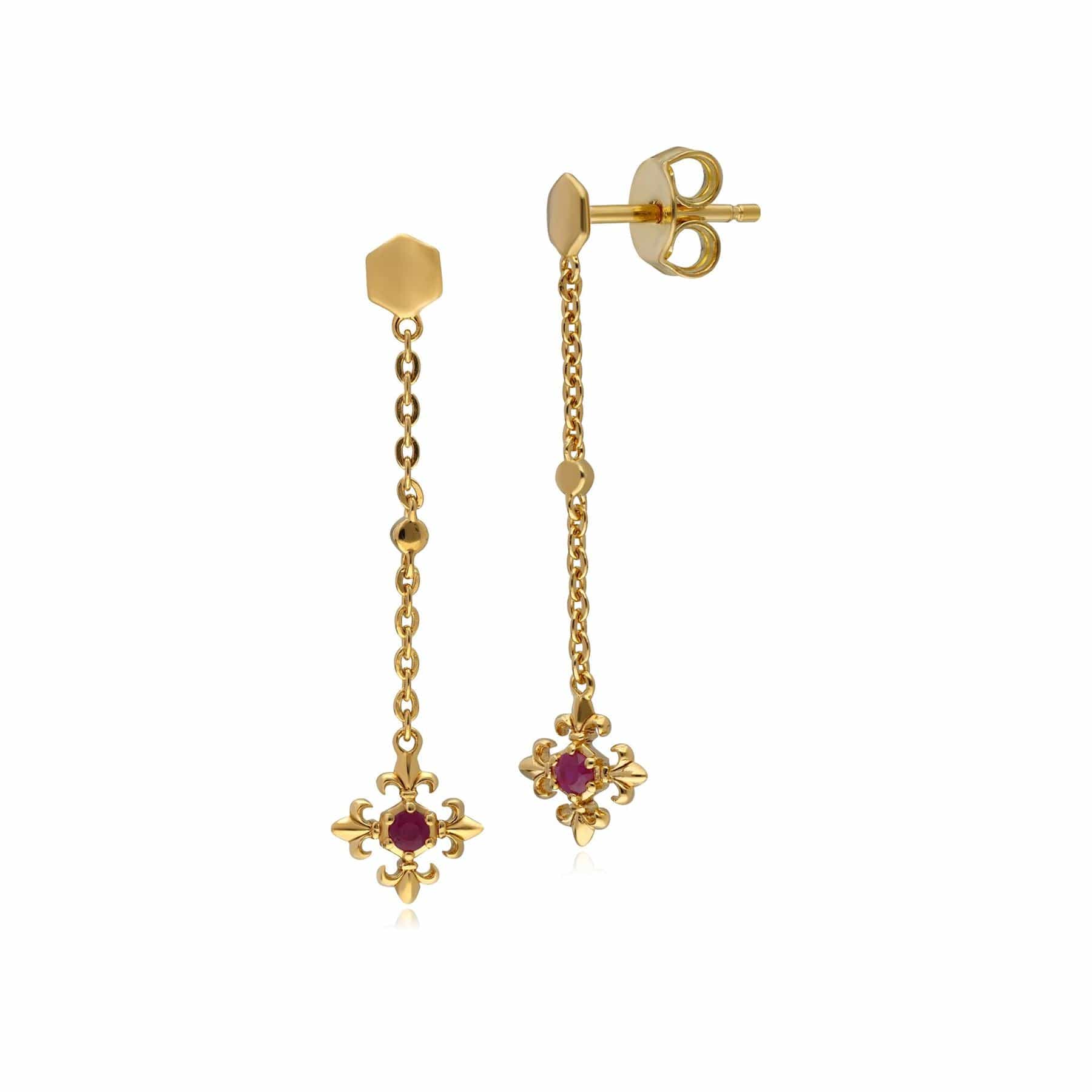 Image of ECFEW??? Ruby Fleur De Lis Dangle Drop Earrings In 9ct Yellow Gold