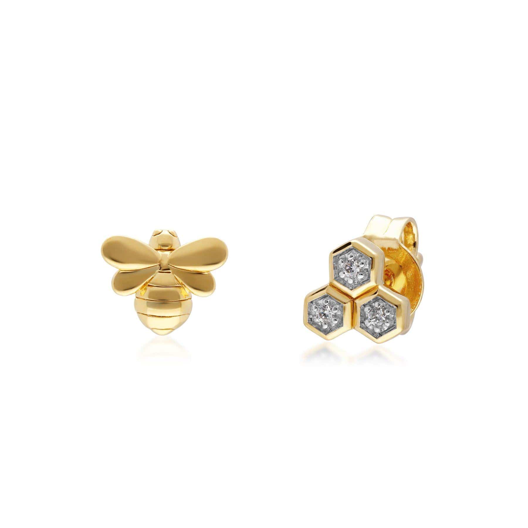 Product photograph of Honeycomb Inspired Mismatched Diamond Bee Earrings In 9ct Yellow Gold from Gemondo Jewellery