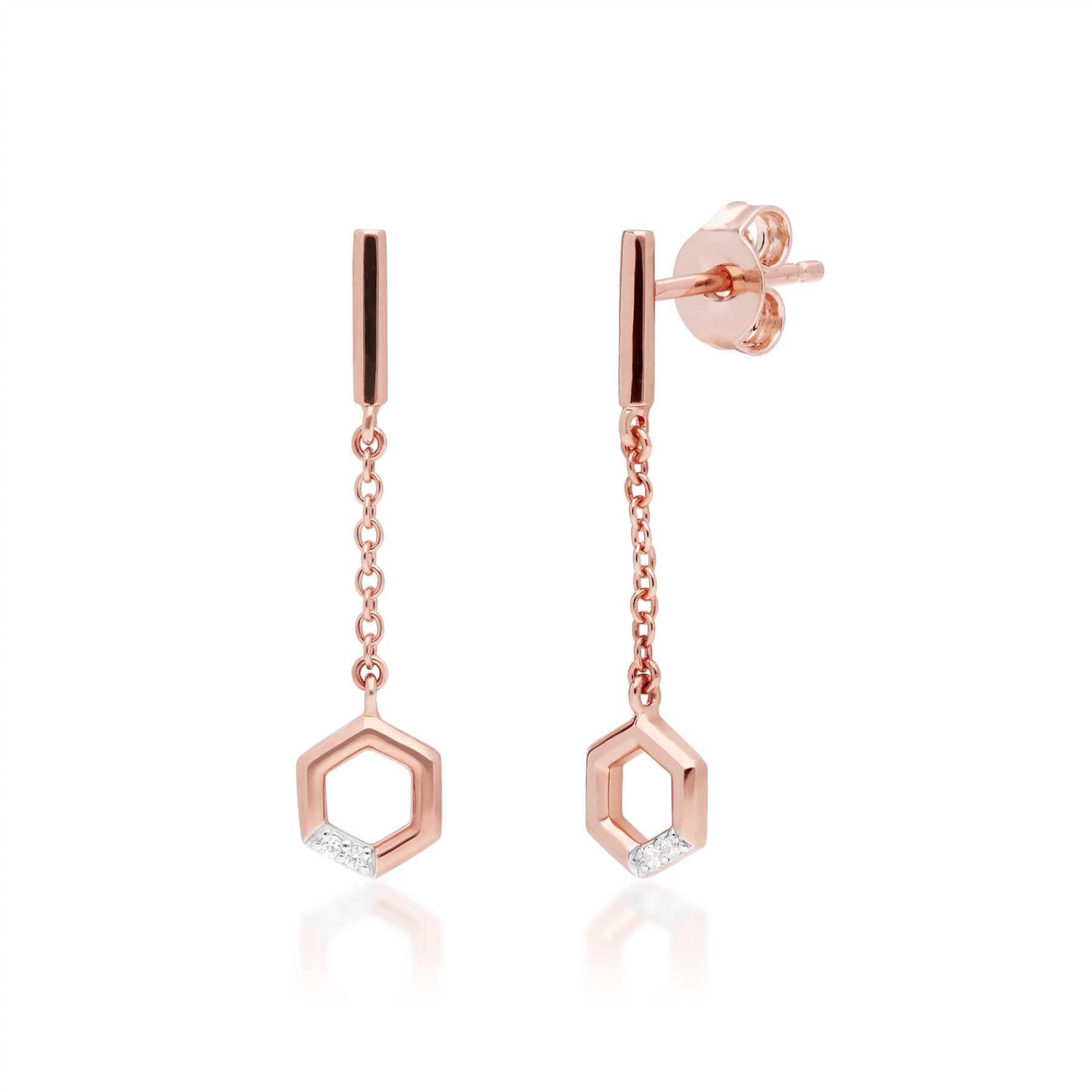 Image of Diamond Pave Hexagon Dangle Drop Chain Earrings in 9ct Rose Gold