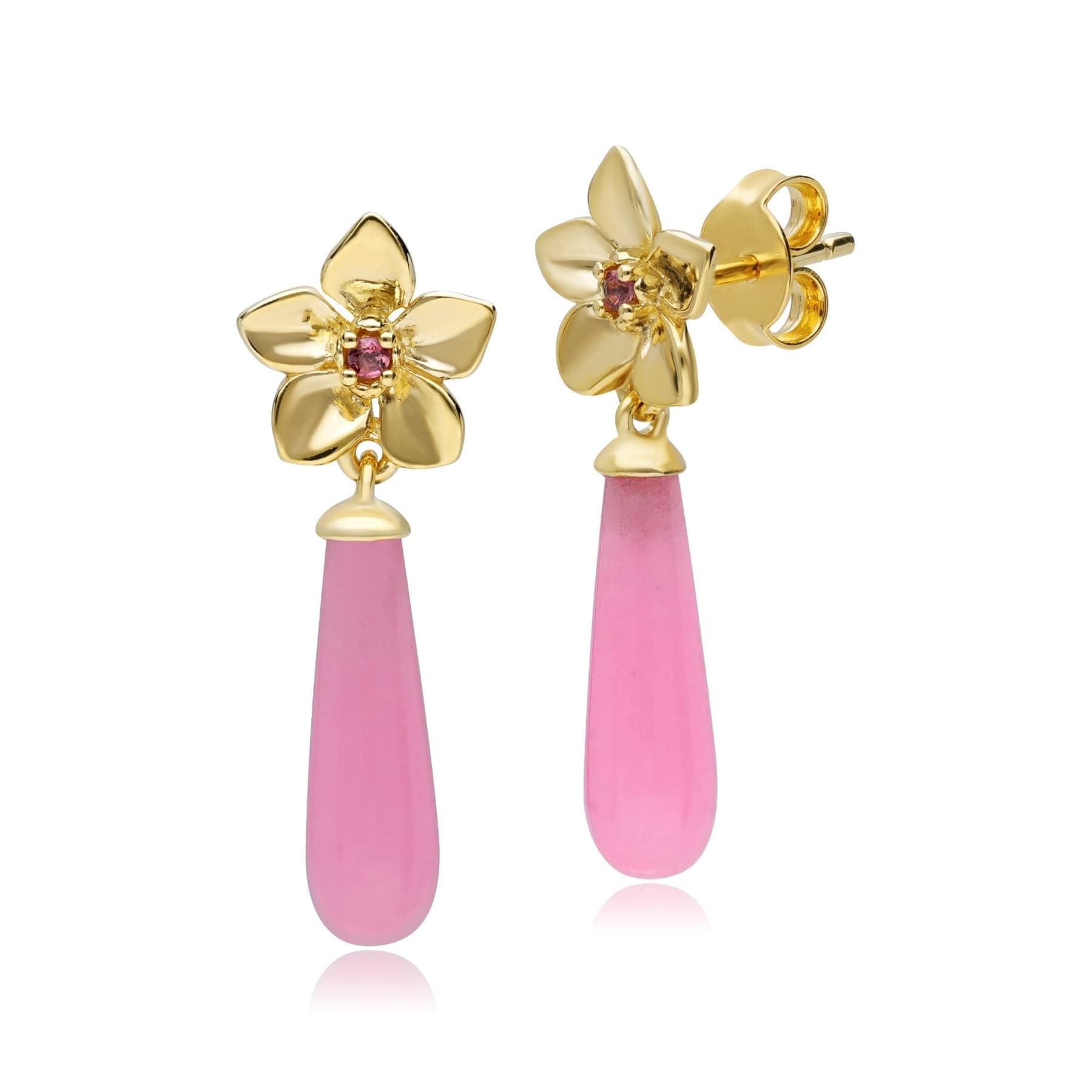Product photograph of Ecfew Creator Dyed Pink Jadeite Pink Tourmaline Floral Dangle Drop Earrings In Gold Plated Sterling Silver from Gemondo Jewellery