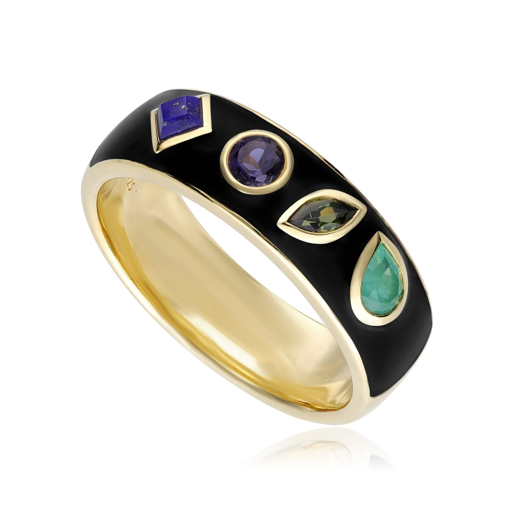 Image of Coded Whispers Black Enamel 'Live' Acrostic Gemstone Ring In Yellow Gold Plated Silver