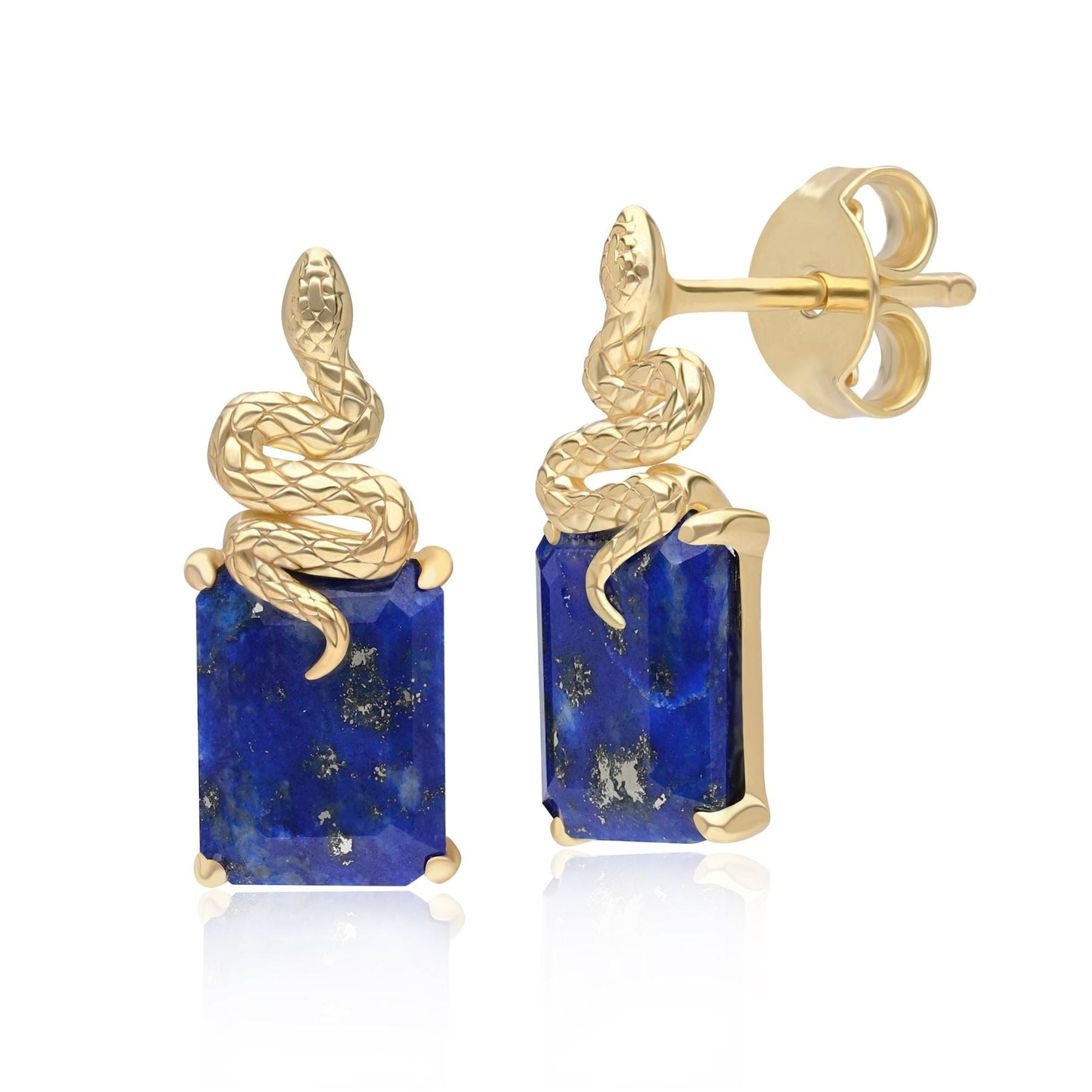 Product photograph of Grand Deco Lapis Lazuli Snake Stud Earrings In Gold Plated Sterling Silver from Gemondo Jewellery