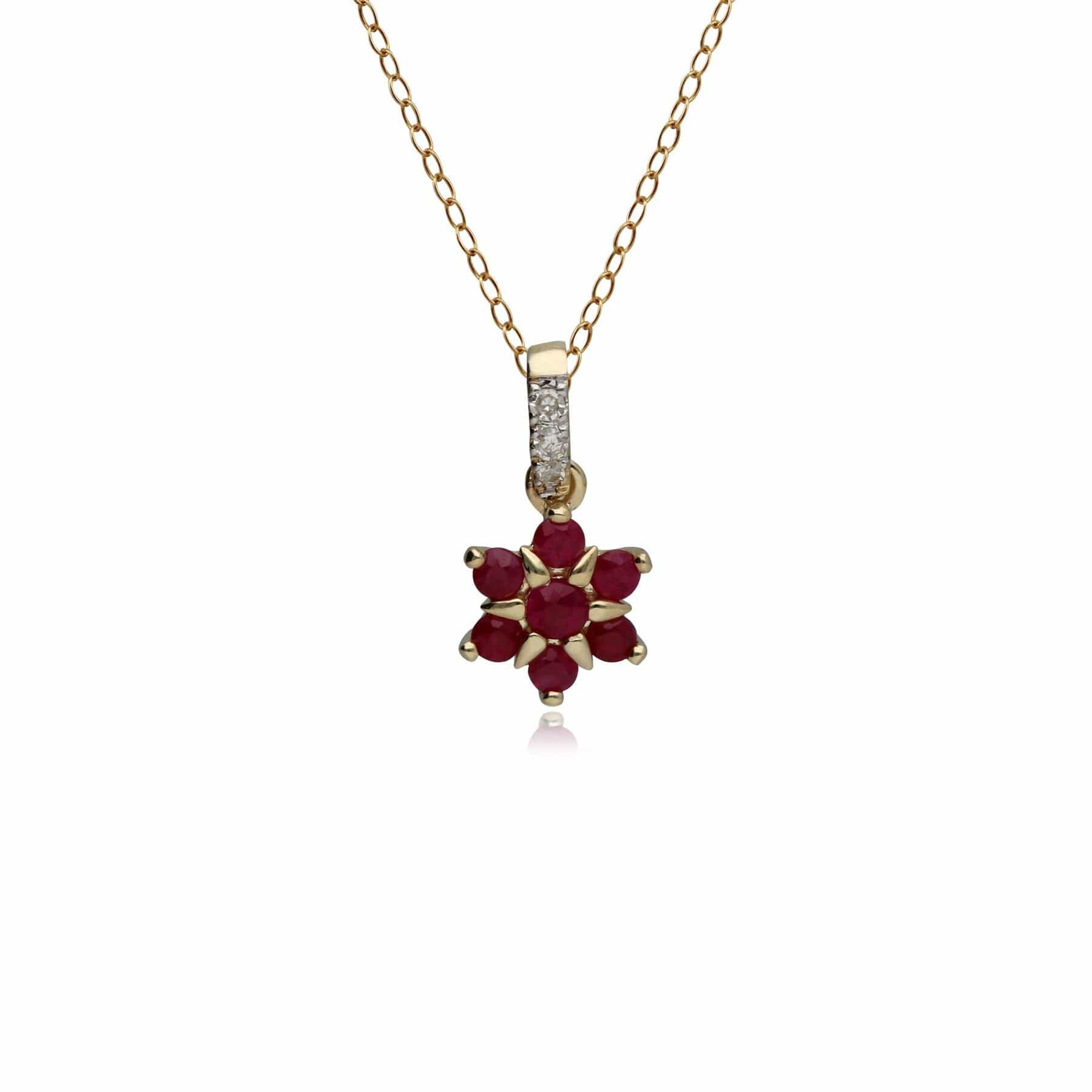 Product photograph of Classic Ruby Diamond Flower Pendant In 9ct Yellow Gold from Gemondo Jewellery