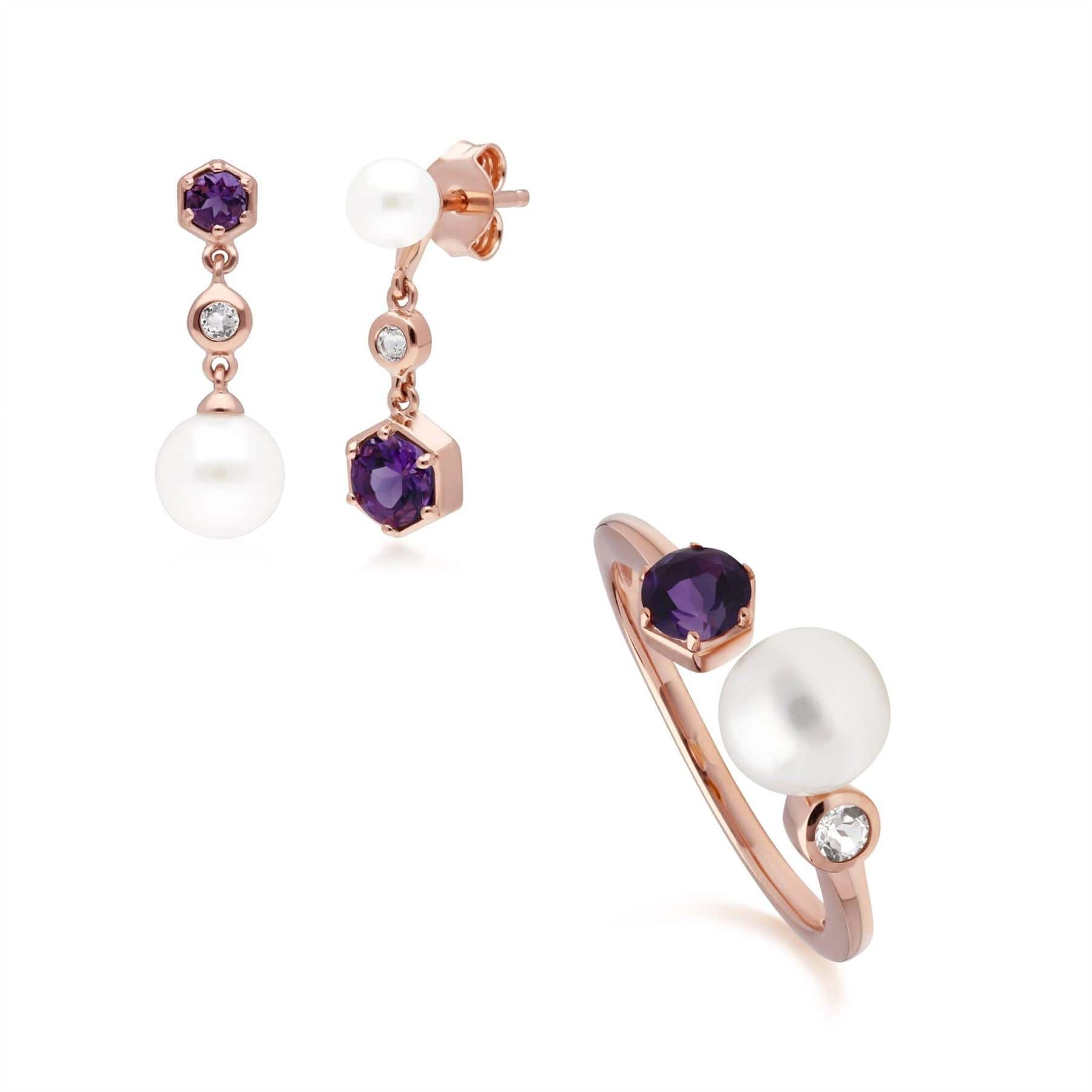 Image of Modern Pearl, Amethyst & Topaz Earring & Ring Set in Rose Gold Plated Silver