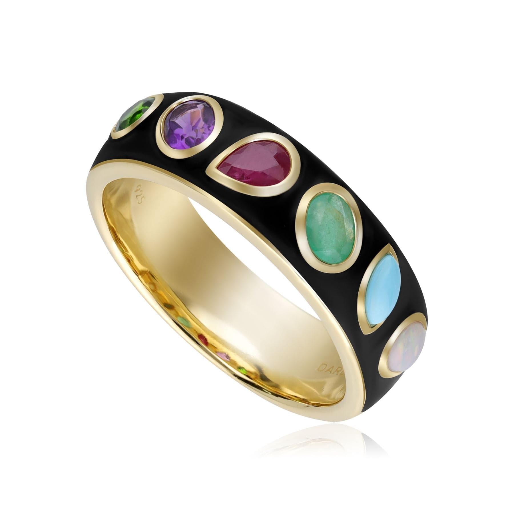 Image of Coded Whispers Black Enamel 'Dare to' Acrostic Gemstone Ring In Yellow Gold Plated Silver