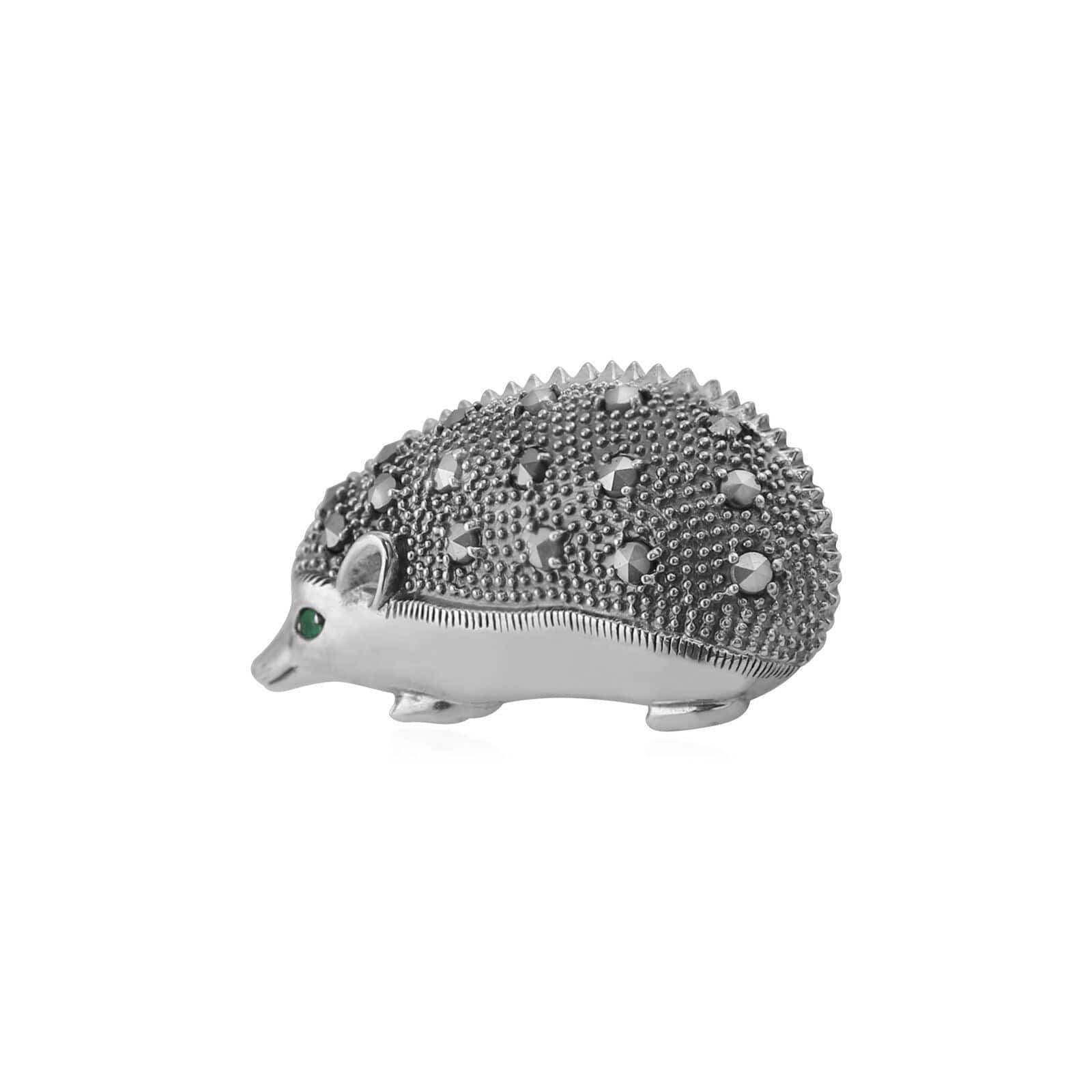 Image of Classic Round Marcasite & Emerald Hedgehog Brooch in 925 Sterling Silver