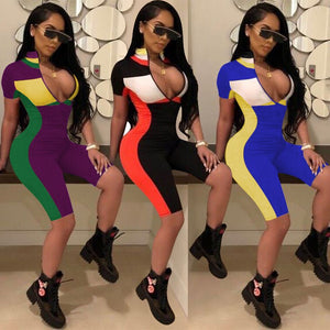 Fashion Fitness Suits Workout Clothes Casual Short Sleeve V Neck Elastic Legging Short Pants For Women Bodysuit F8071