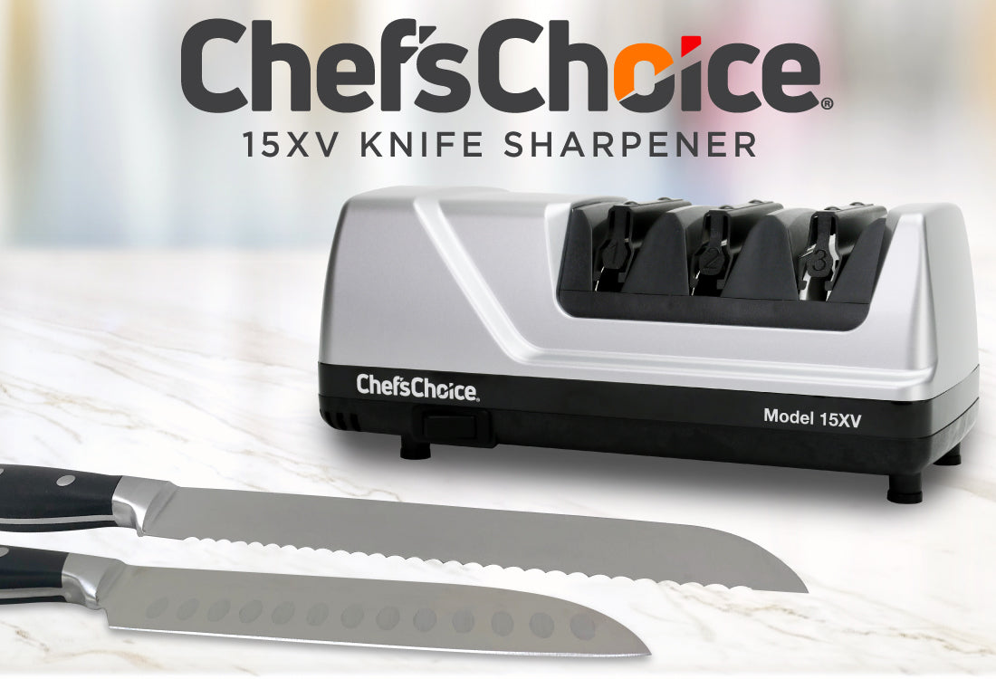  Chef'sChoice 15XV EdgeSelect - Afilador de cuchillos eléctrico  profesional con abrasivos de diamante 100% y guías de ángulo de precisión  para cuchillos de borde recto y dentado, 3 etapas, gris 