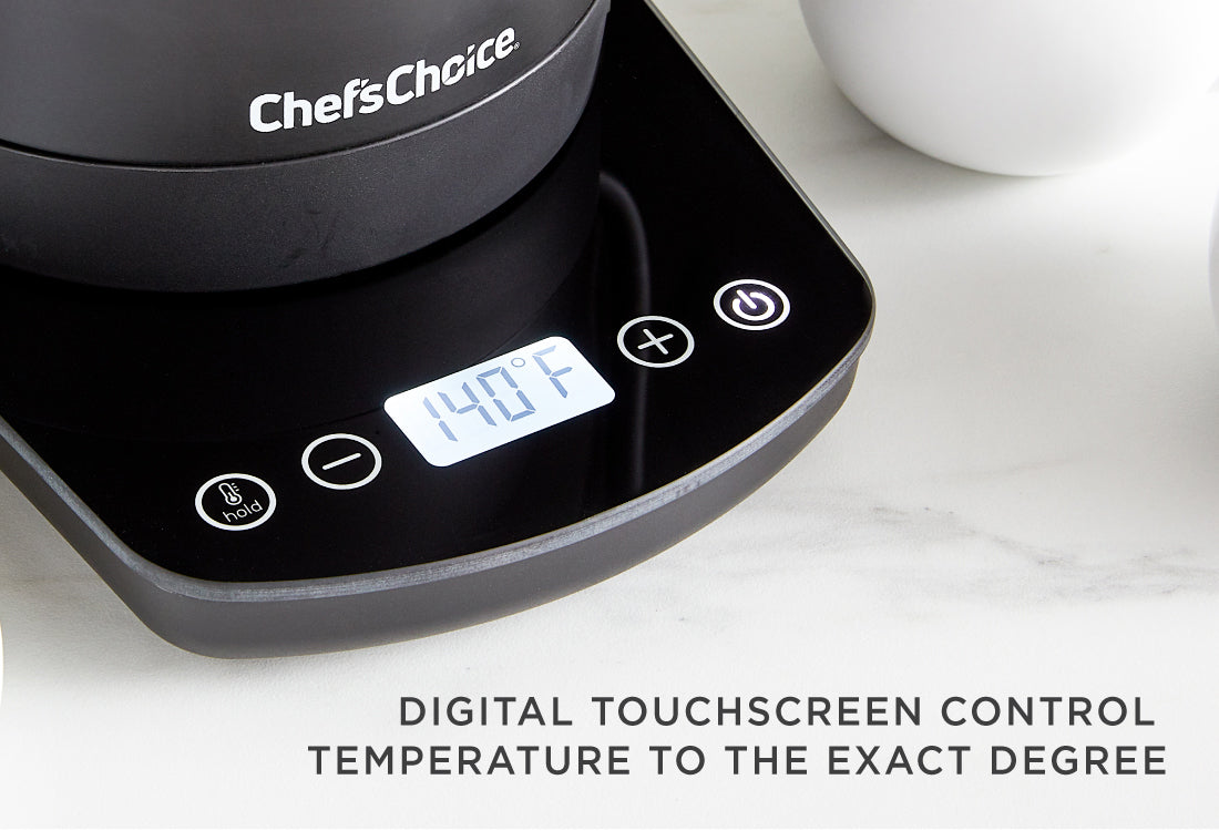 Boil water to the exact degree with the 1200 watt Chef'sChoice Gooseneck  Electric Kettle with digital temperature controls. Keep warm feature  maintains water temperature. Easy-access top opening for easy filling.  Comfortable handle.