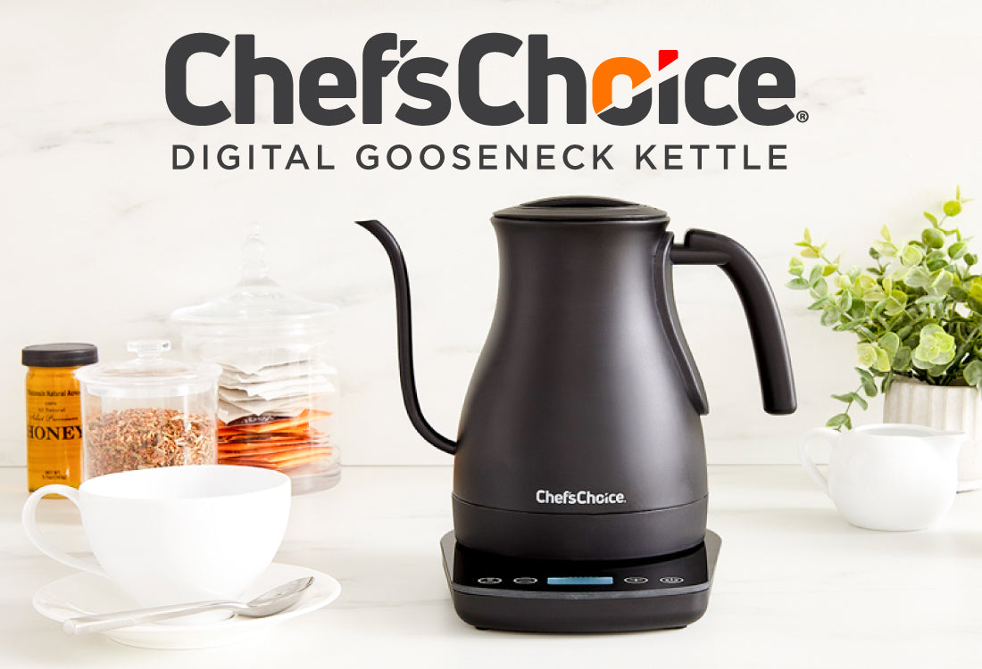 Boil water to the exact degree with the 1200 watt Chef'sChoice Gooseneck Electric  Kettle with digital temperature controls. Keep warm feature maintains water  temperature. Easy-access top opening for easy filling. Comfortable handle.