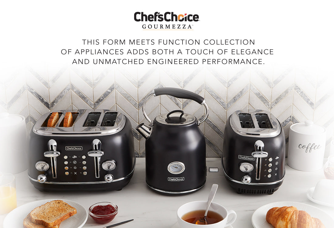 The Chef'sChoice Gourmezza 2 Slice Toaster steps up your style in the  kitchen with a matte black finished body and chrome accents. The premium  stainless steel of this toaster not only delivers