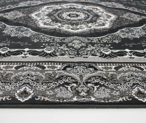 Zartosht 4730 Coal/ Black White Round Persian Traditional Rug