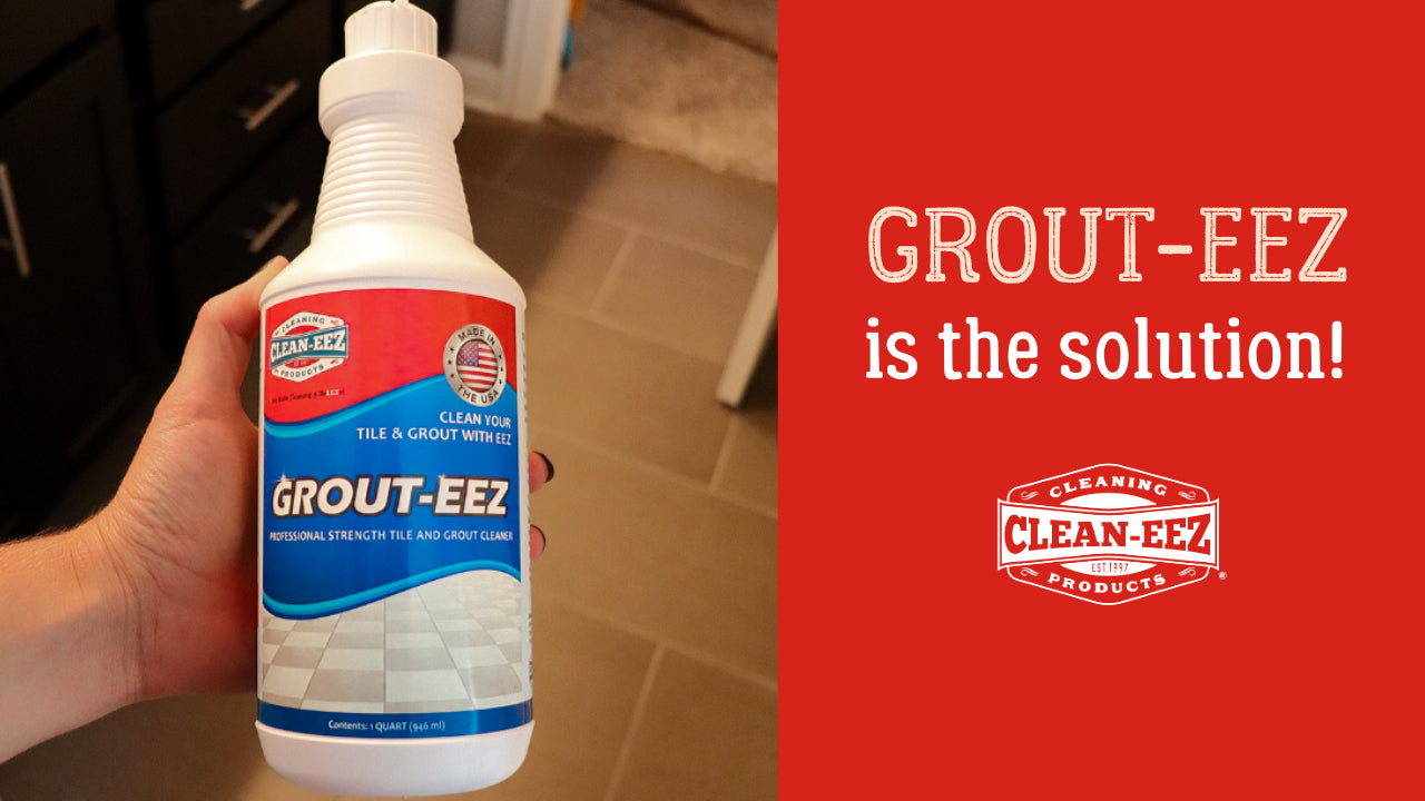 Text displaying "Grout-eez is the solution" with a bottle of Grout-eez to the left