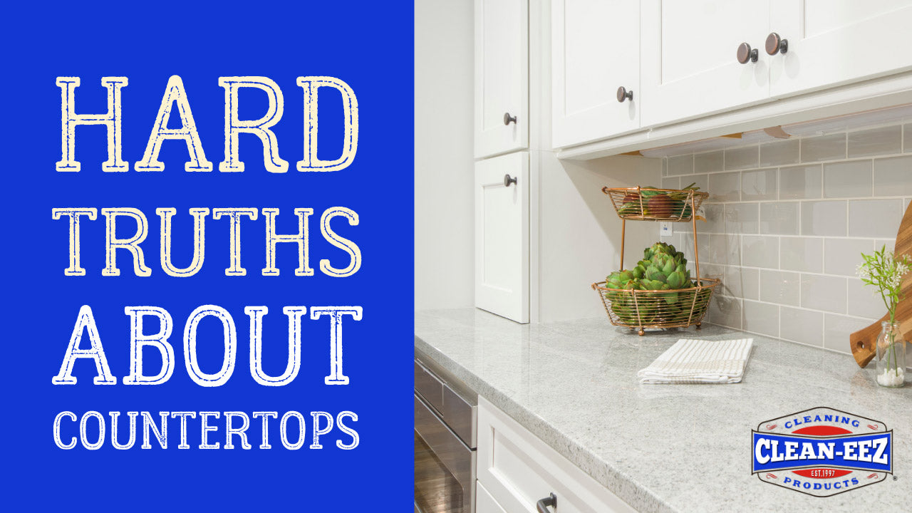Text displaying "Hard truths about countertops" with a marble countertop to the right