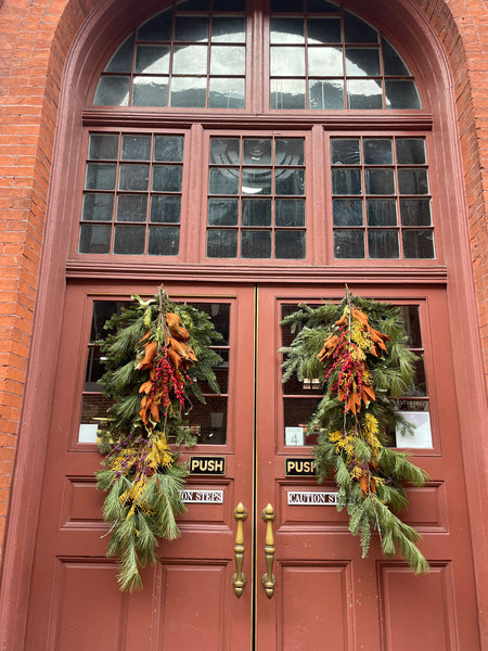 Festive decor on a building in Lancaster, PA