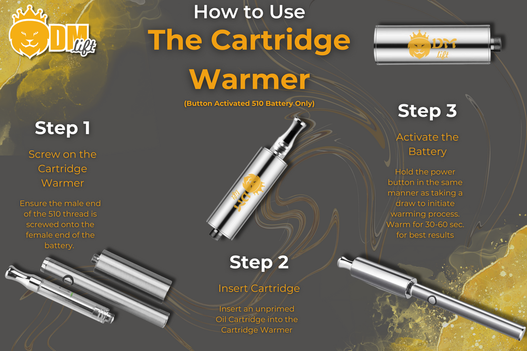 A guide on how to use the cartridge warmer with various pictures of a silver cartridge warmer, 510 thread pen battery, and 510 thread cart with 3 steps on how to properly utilize the warmer